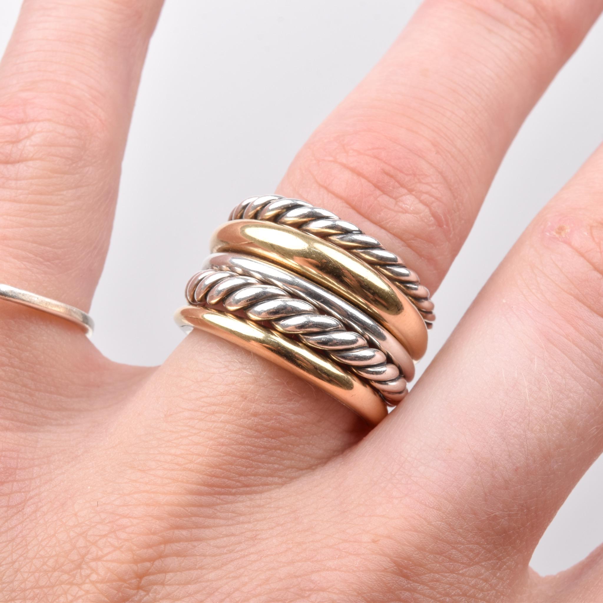 Vintage David Yurman Pure Form Wide Articulating Two-Tone Ring, in Sterling Silver with 18K Gold, Size 7