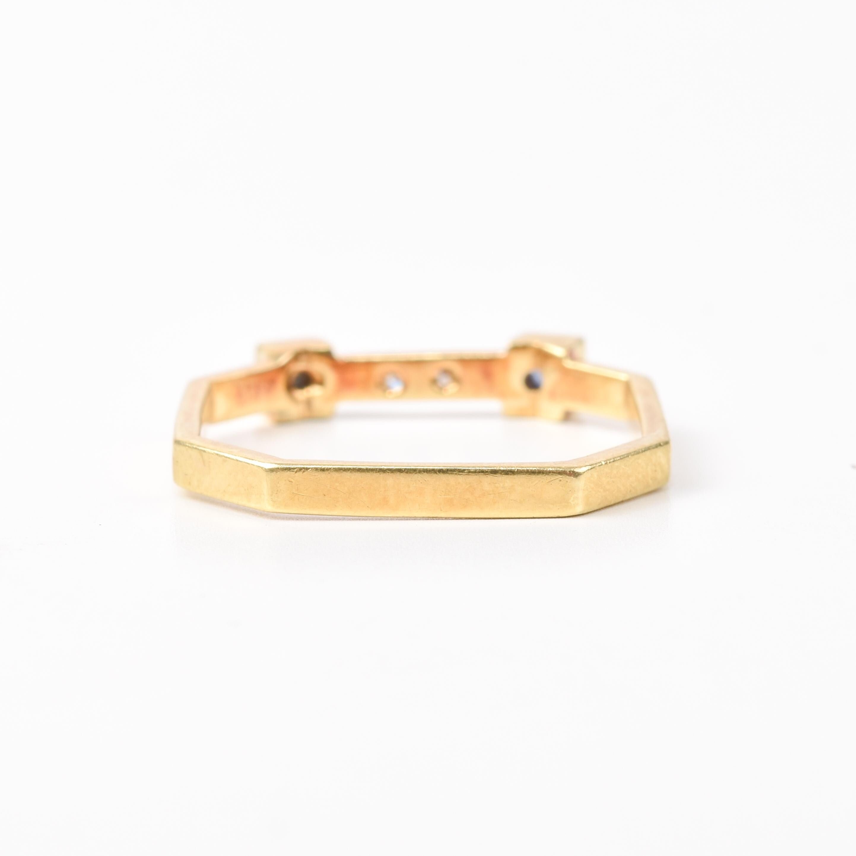 18K Gold Sapphire and Diamond Unique Square Band Ring, Vintage Stacking Ring, Size 7 US