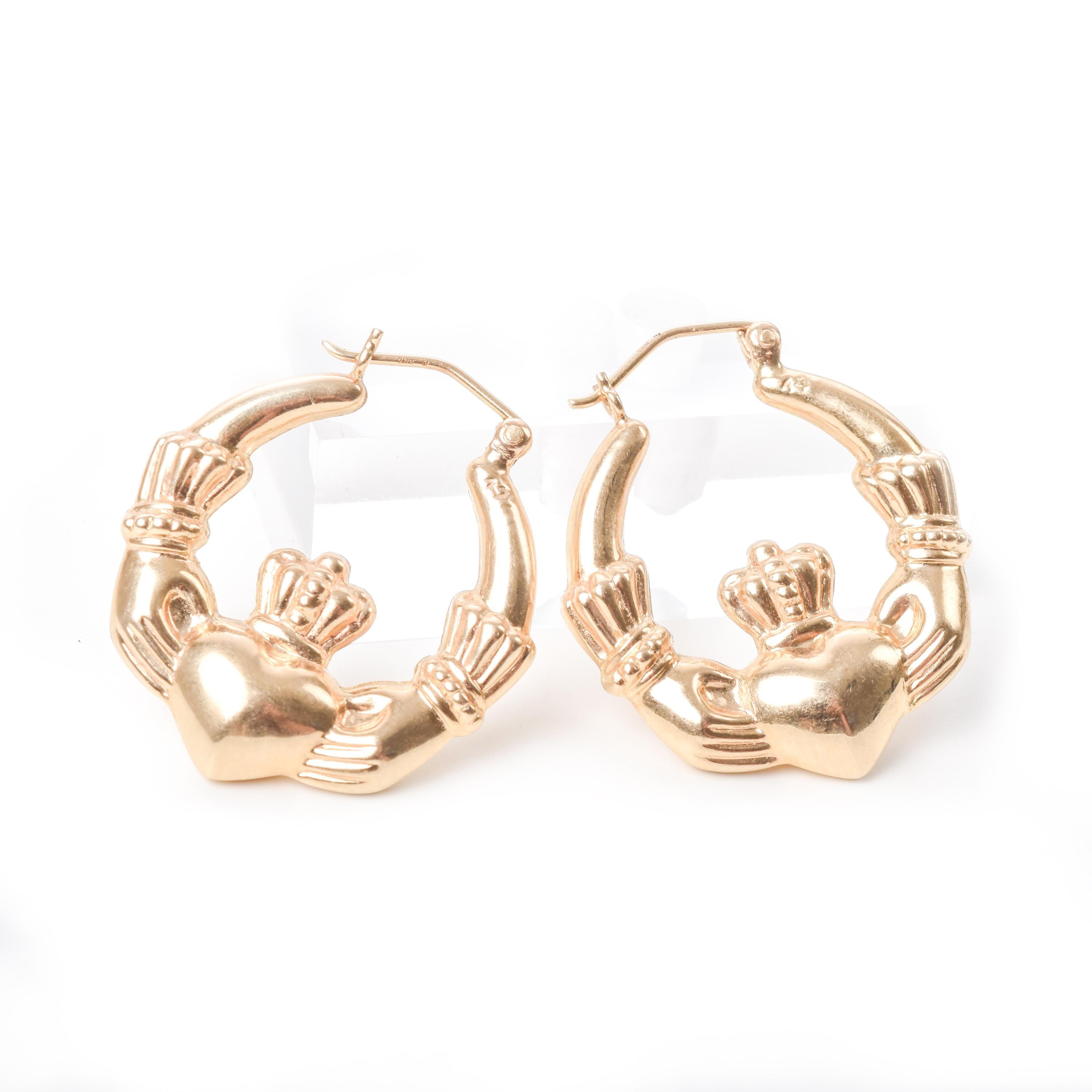 Vintage 14K Gold Claddagh Hoop Earrings
