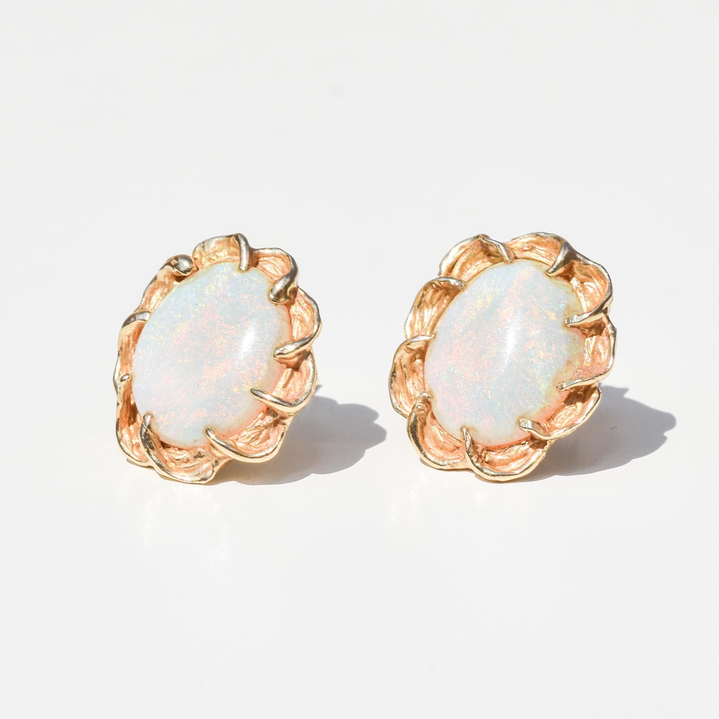 Vintage Round Button 14K Gold Opal Stud Earrings