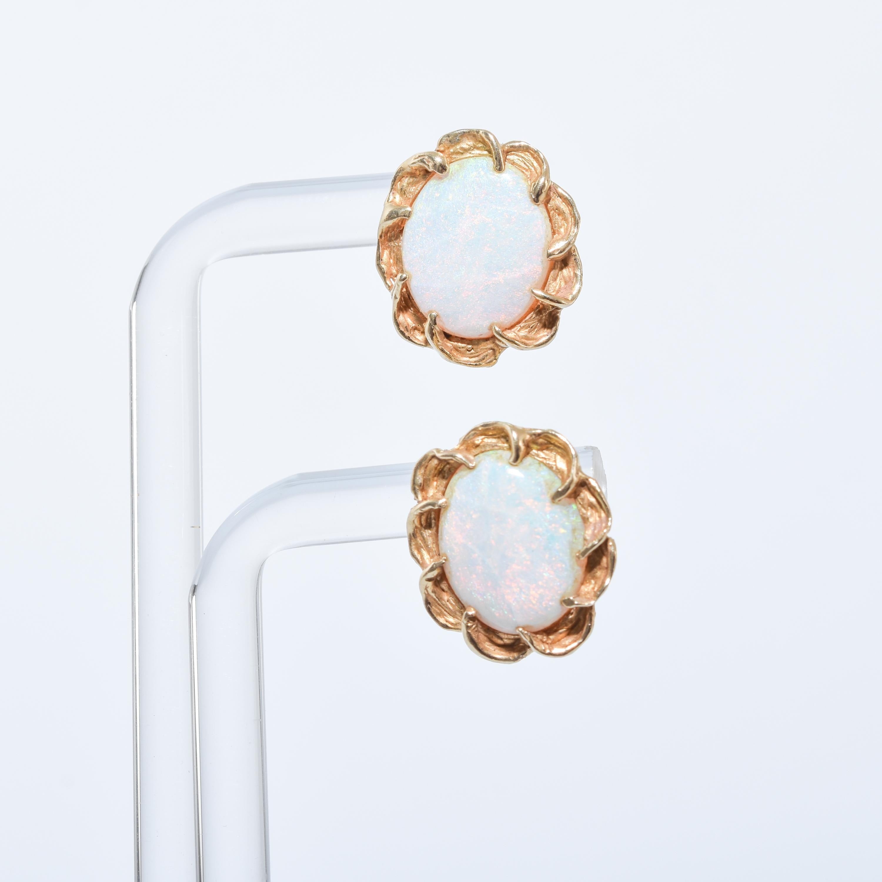 Vintage Round Button 14K Gold Opal Stud Earrings