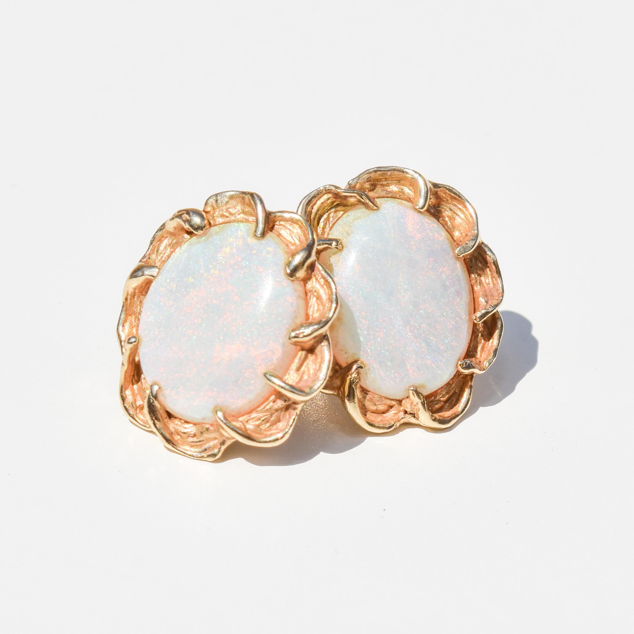 Vintage Round Button 14K Gold Opal Stud Earrings