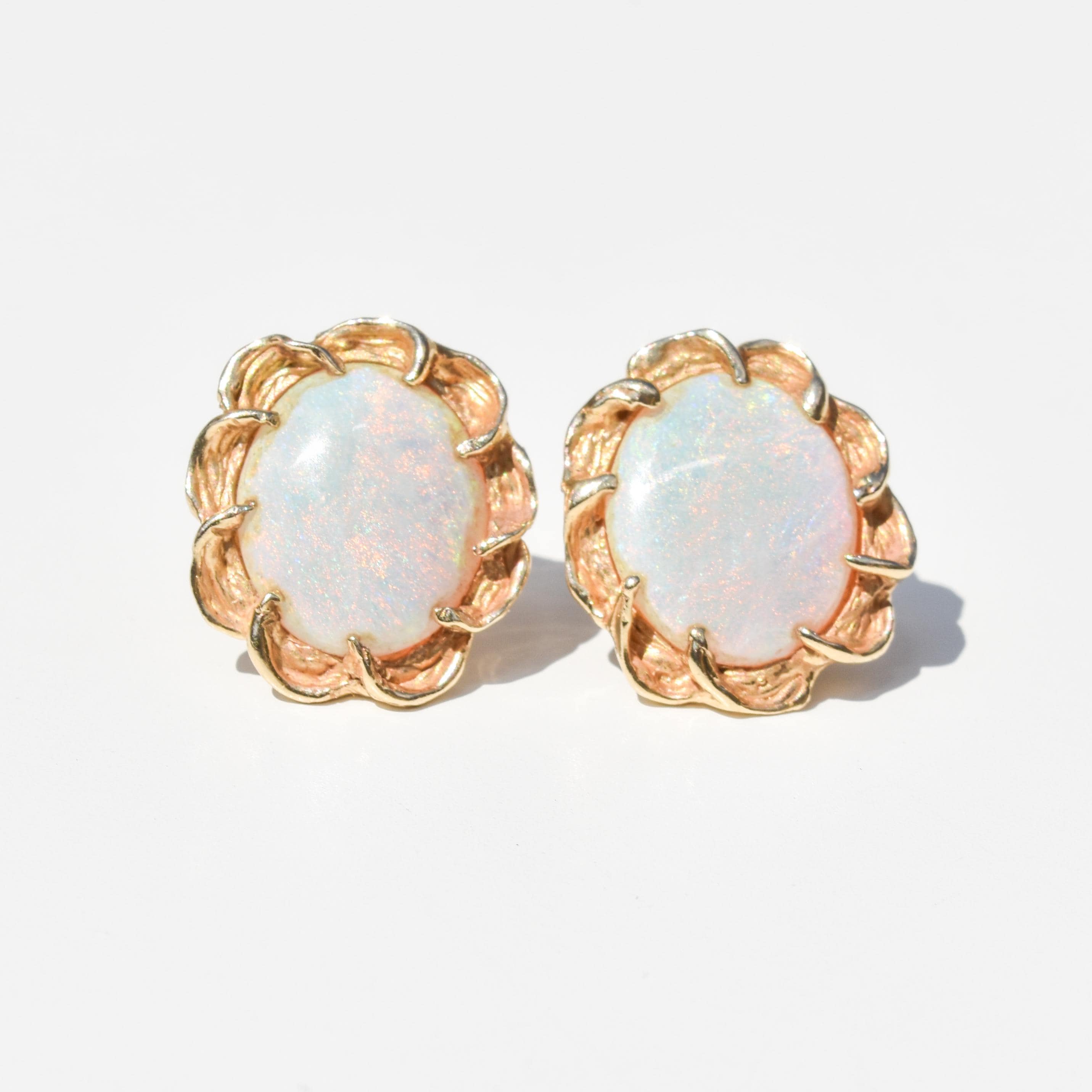 Vintage Round Button 14K Gold Opal Stud Earrings
