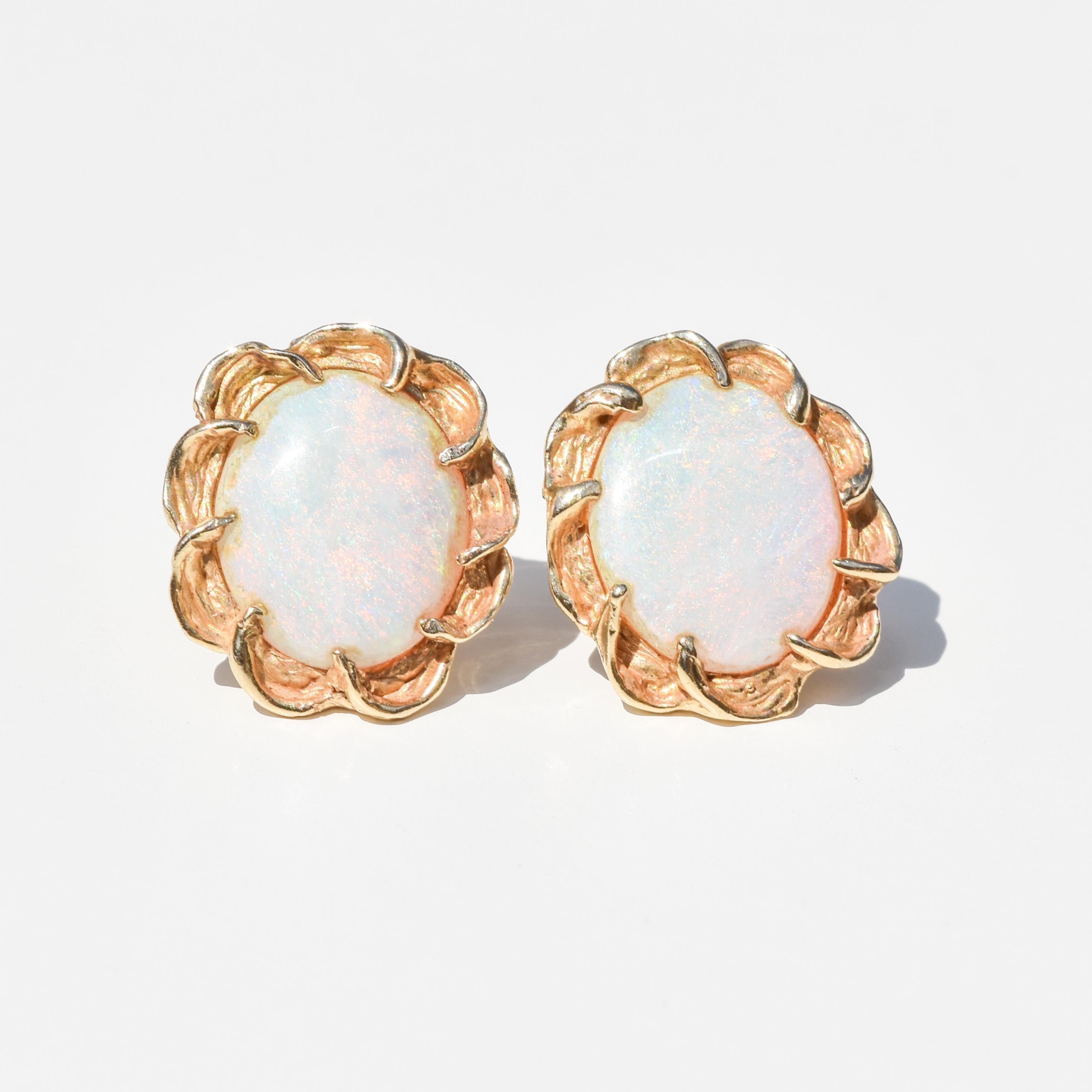 Vintage Round Button 14K Gold Opal Stud Earrings