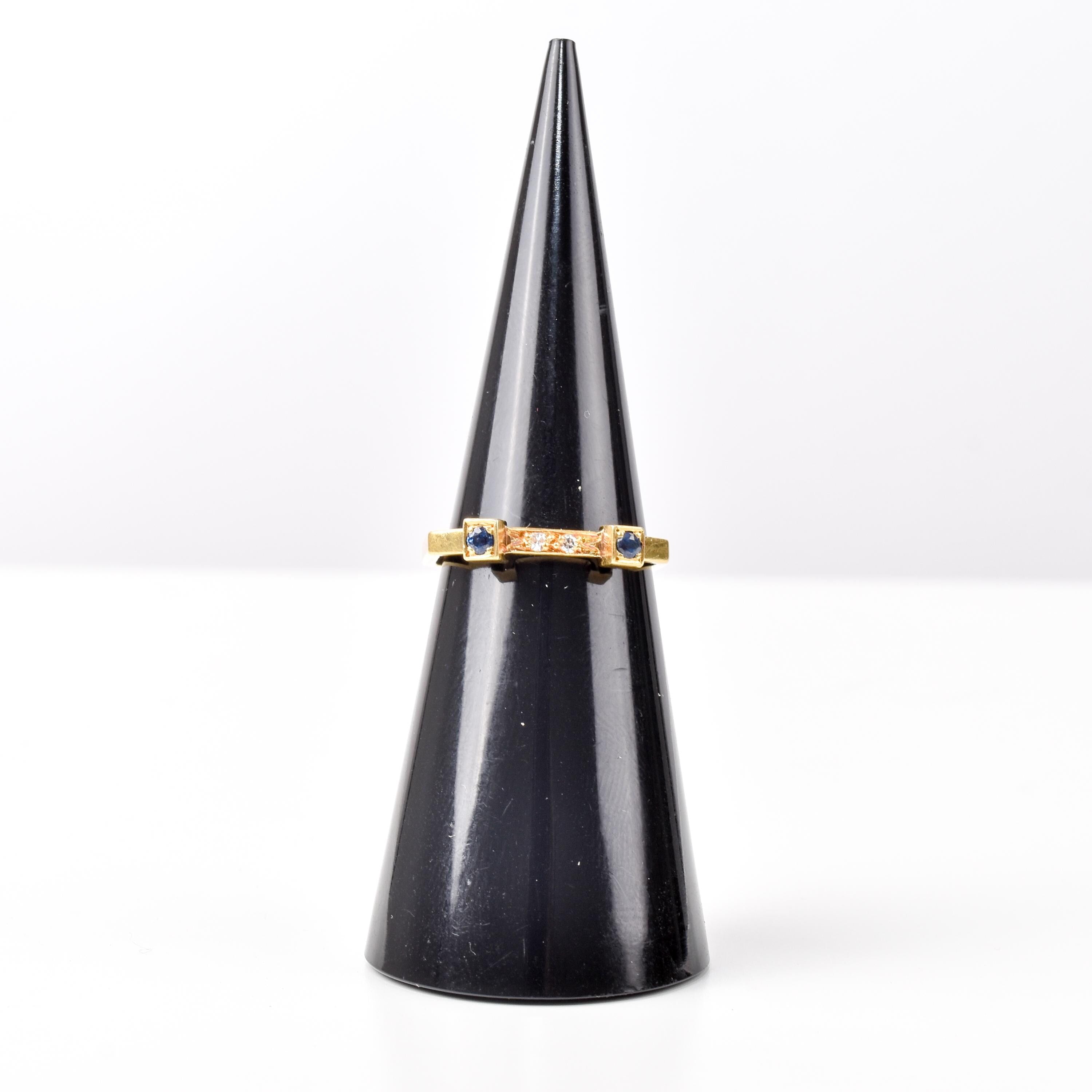 18K Gold Sapphire and Diamond Unique Square Band Ring, Vintage Stacking Ring, Size 7 US