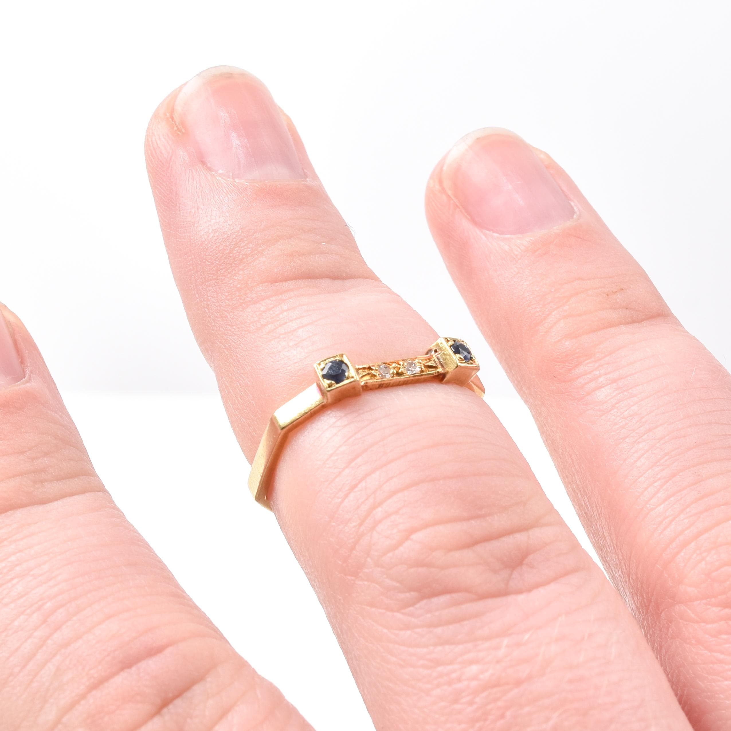 18K Gold Sapphire and Diamond Unique Square Band Ring, Vintage Stacking Ring, Size 7 US