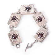 Vintage Square Link Garnet Cabochon Israeli Silver Bracelet