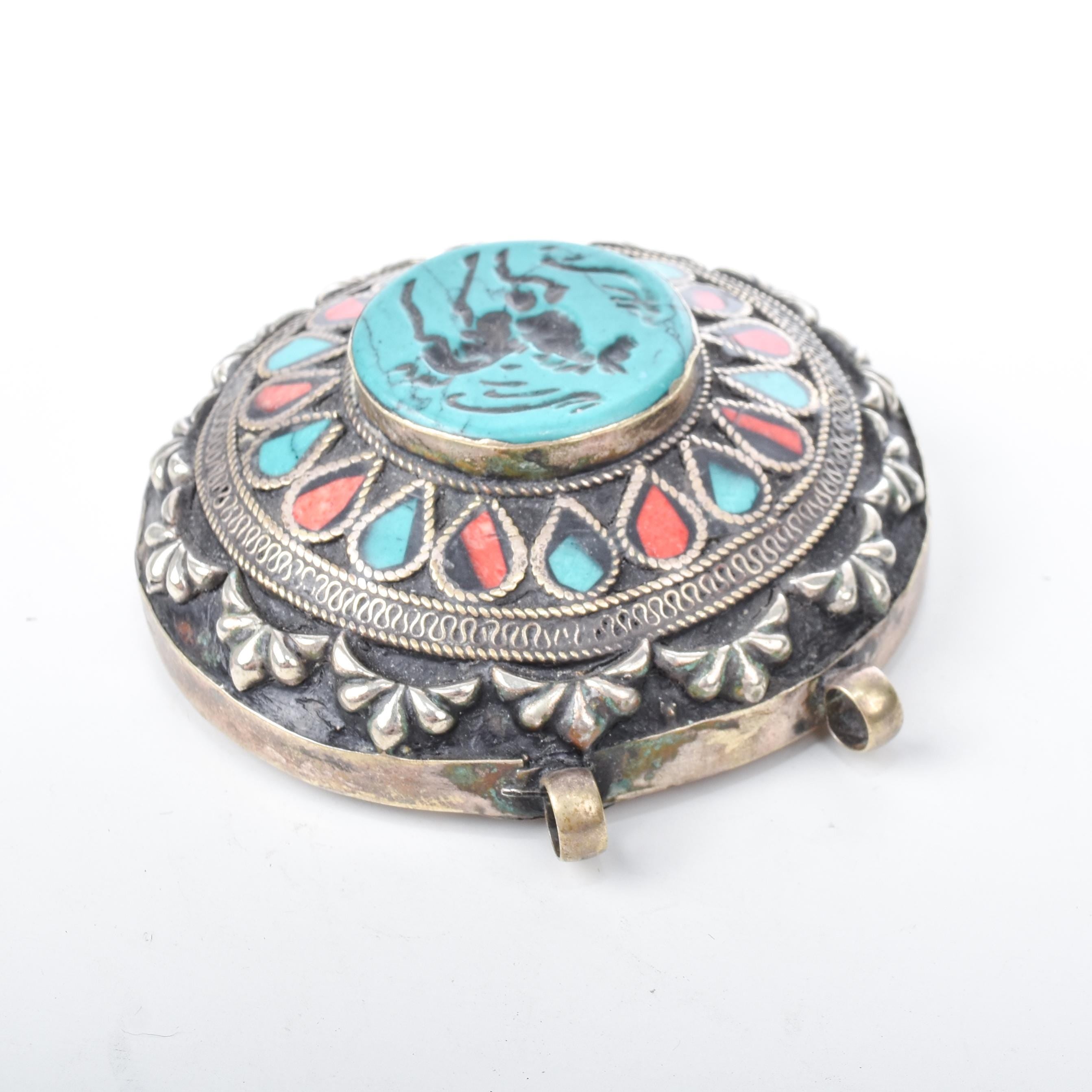 Antique Afghan Sterling Silver Turquoise and Coral Pendant