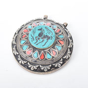 Antique Afghan Sterling Silver Turquoise and Coral Pendant