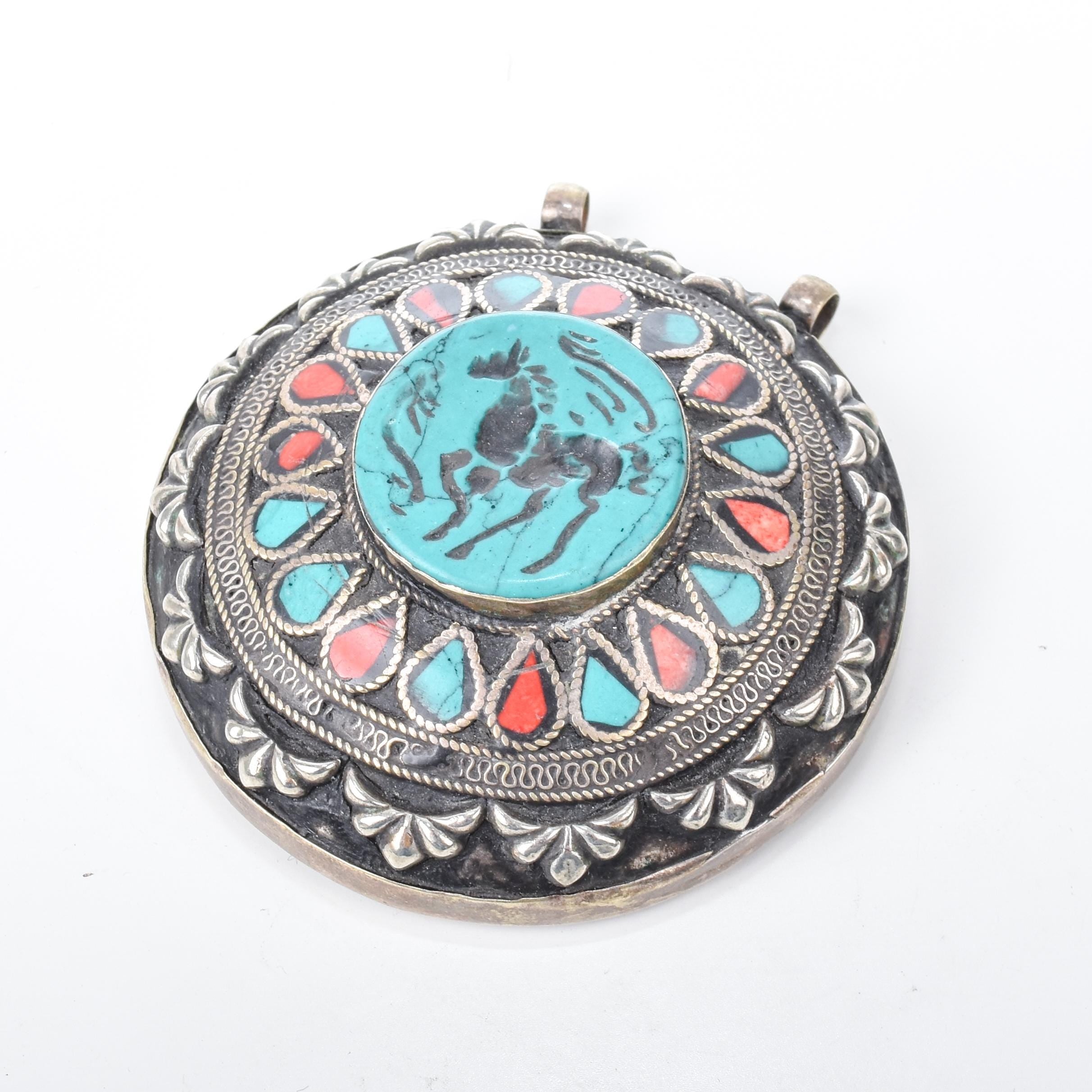 Antique Afghan Sterling Silver Turquoise and Coral Pendant