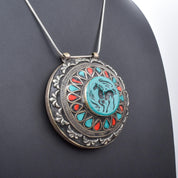 Antique Afghan Sterling Silver Turquoise and Coral Pendant