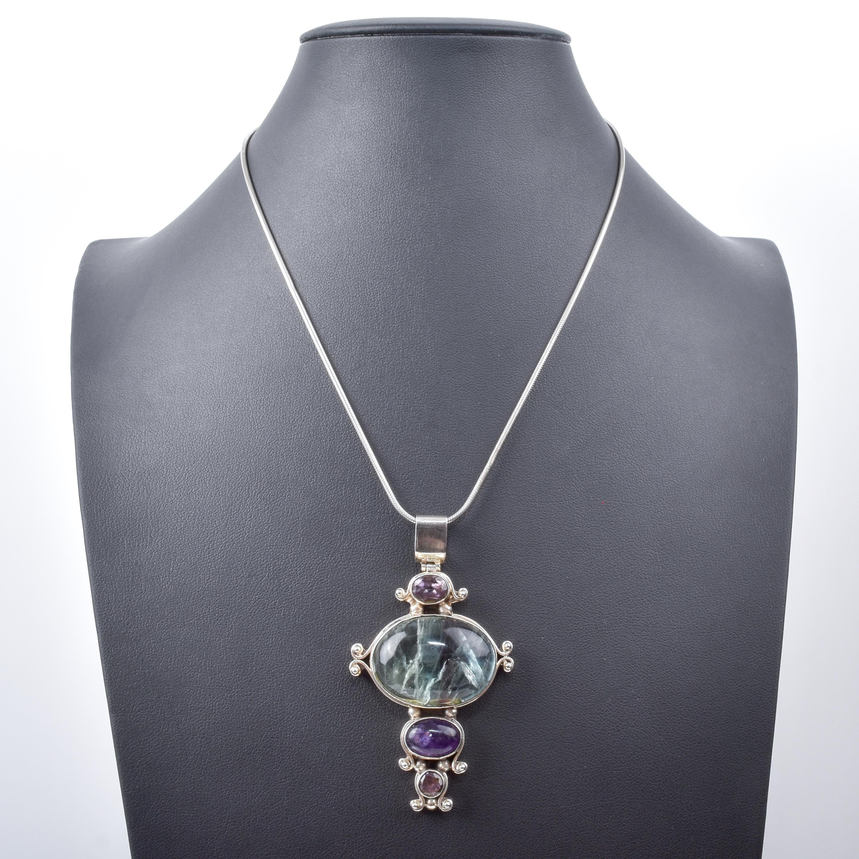 Sterling Silver Fluorite and Amethyst Pendant