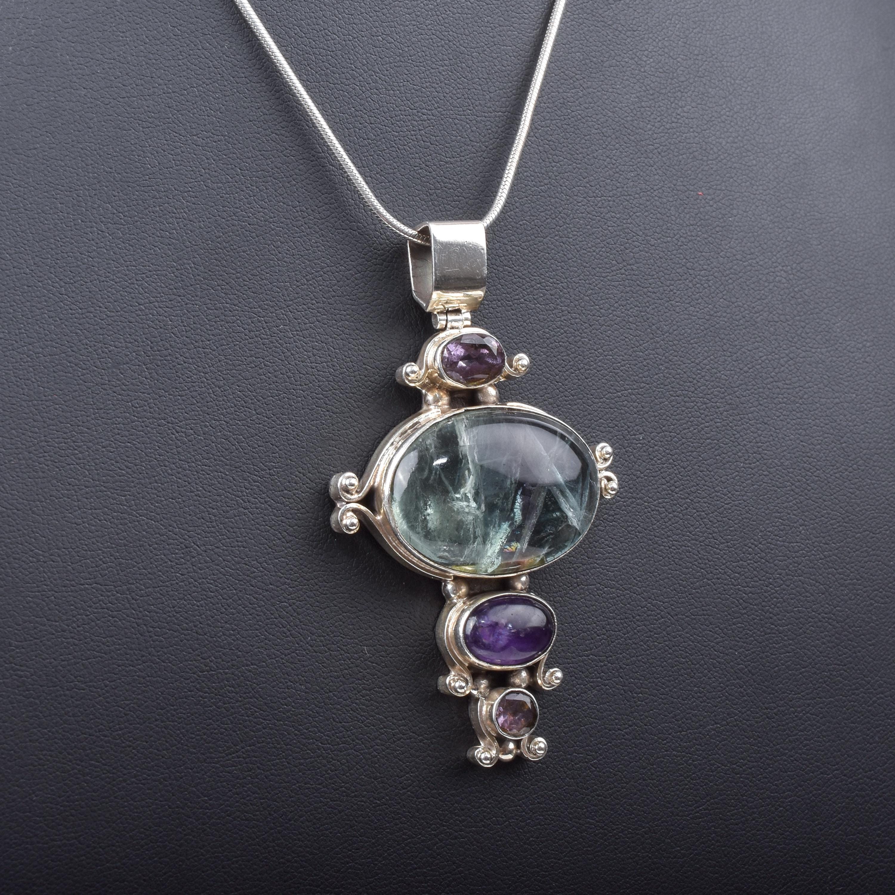 Sterling Silver Fluorite and Amethyst Pendant