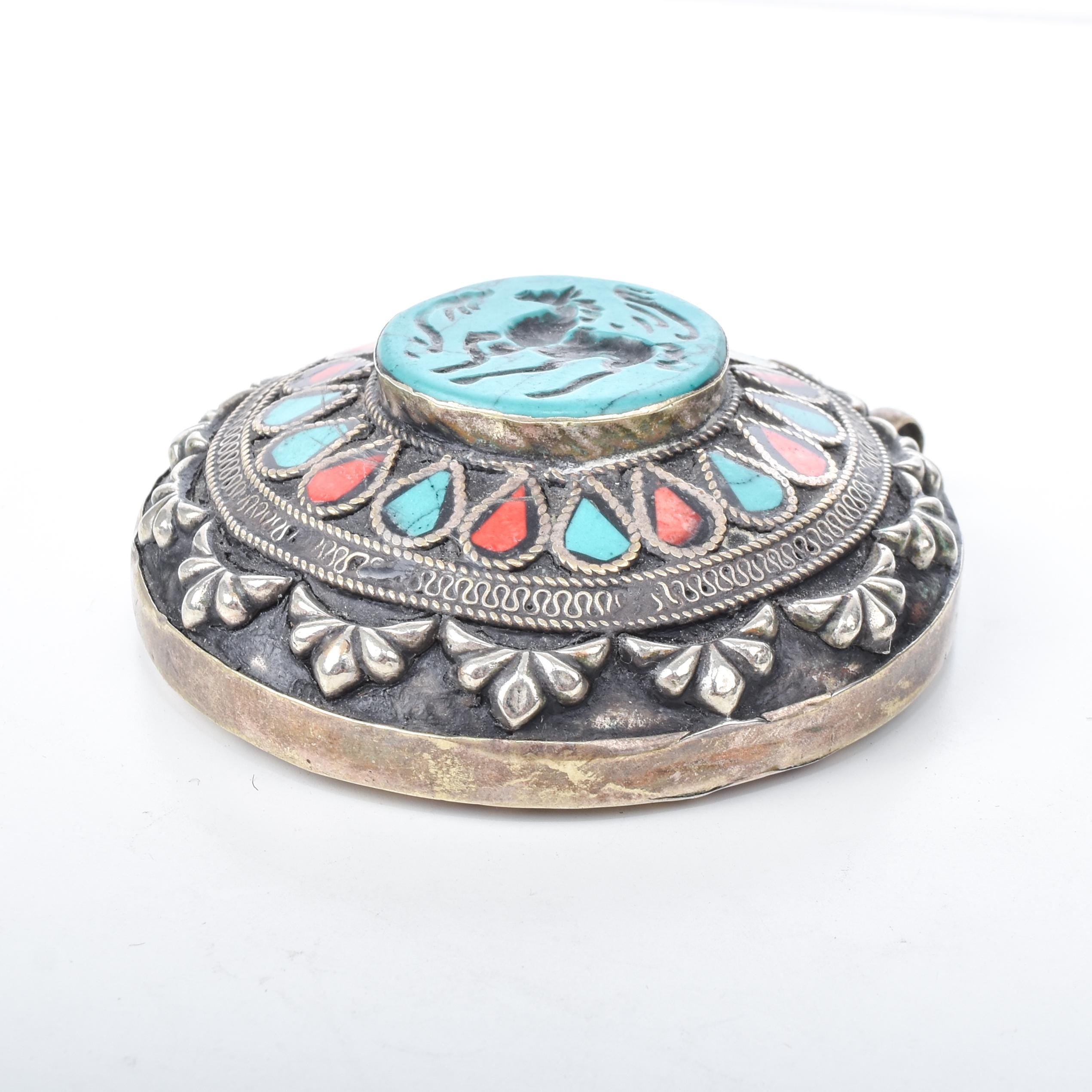 Antique Afghan Sterling Silver Turquoise and Coral Pendant