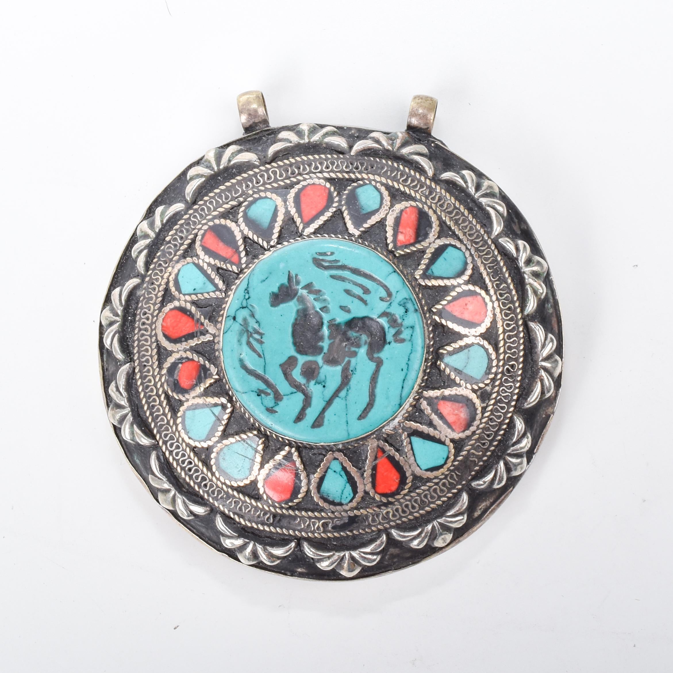 Antique Afghan Sterling Silver Turquoise and Coral Pendant