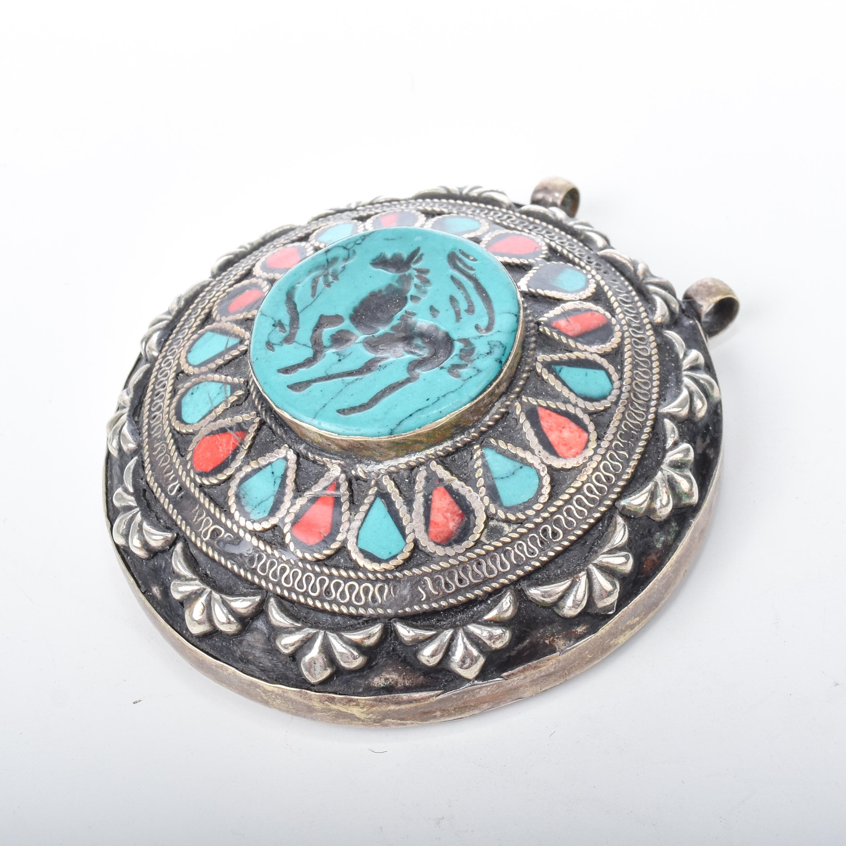 Antique Afghan Sterling Silver Turquoise and Coral Pendant