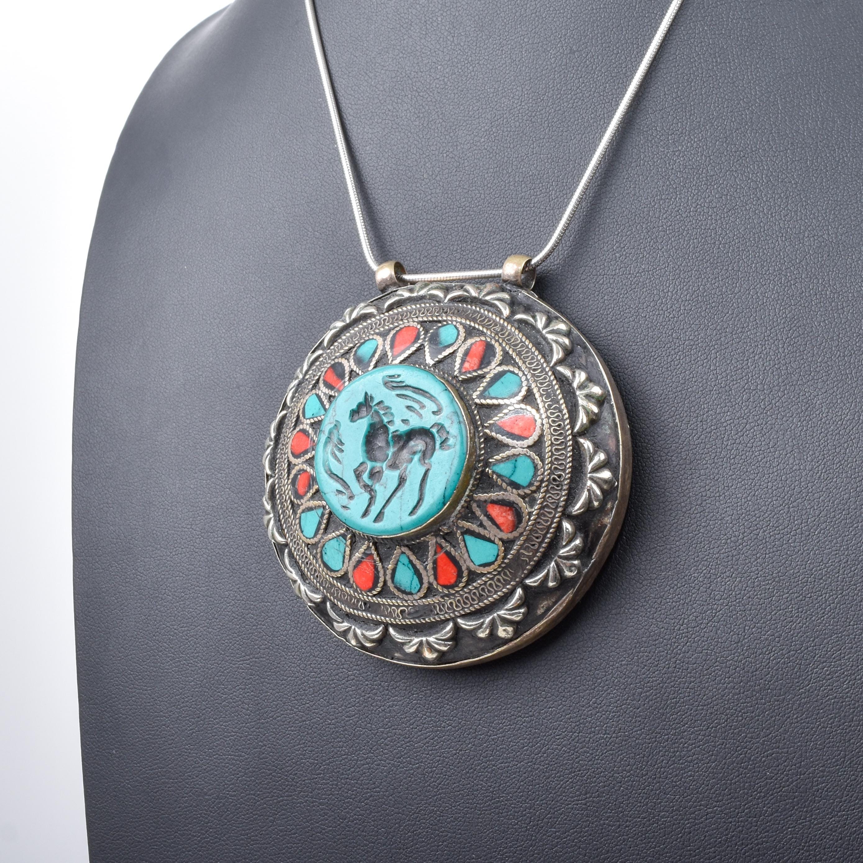 Antique Afghan Sterling Silver Turquoise and Coral Pendant