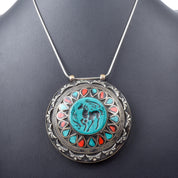 Antique Afghan Sterling Silver Turquoise and Coral Pendant