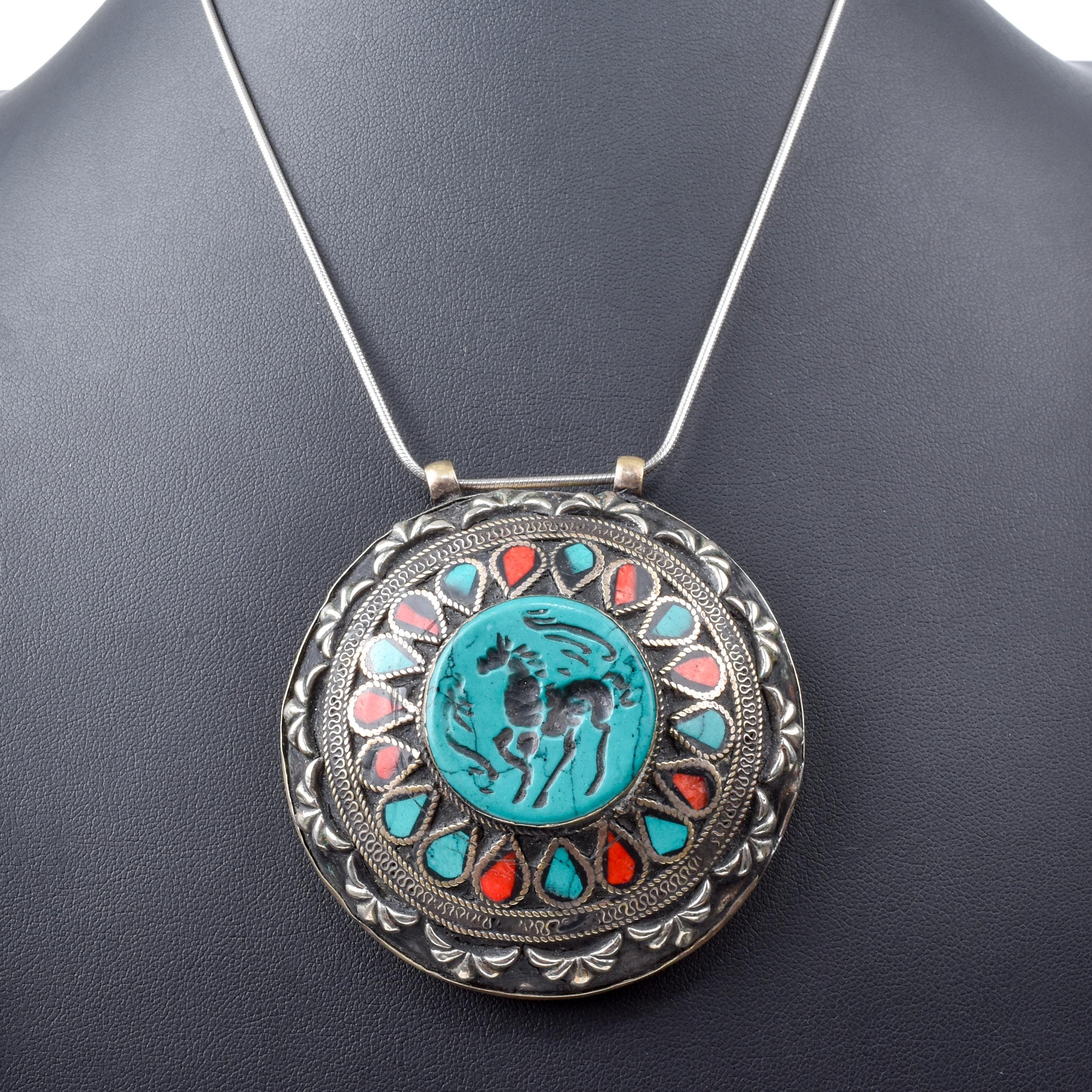 Antique Afghan Sterling Silver Turquoise and Coral Pendant