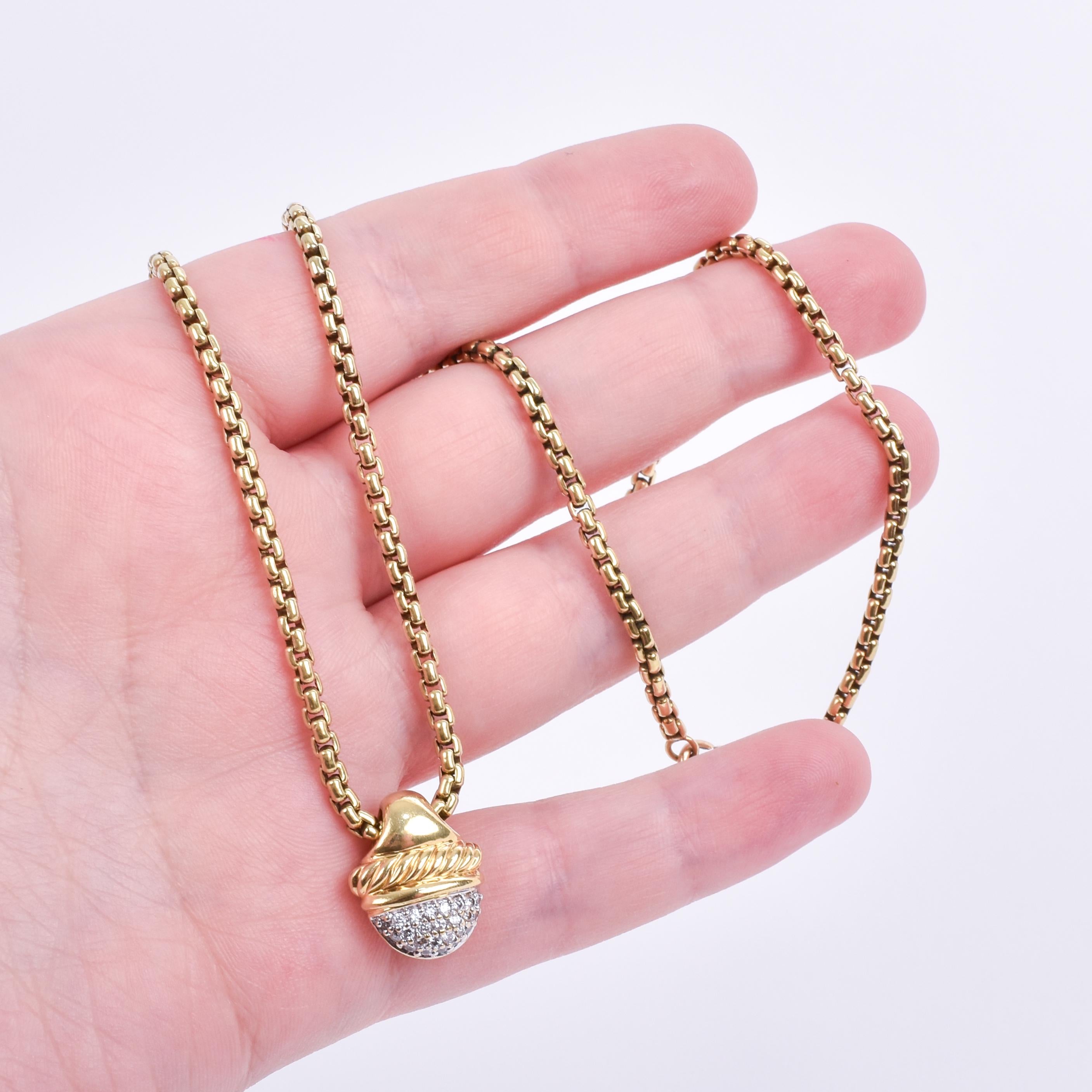 Vintage David Yurman Diamond Acorn Pendant and Chain in 18K Gold