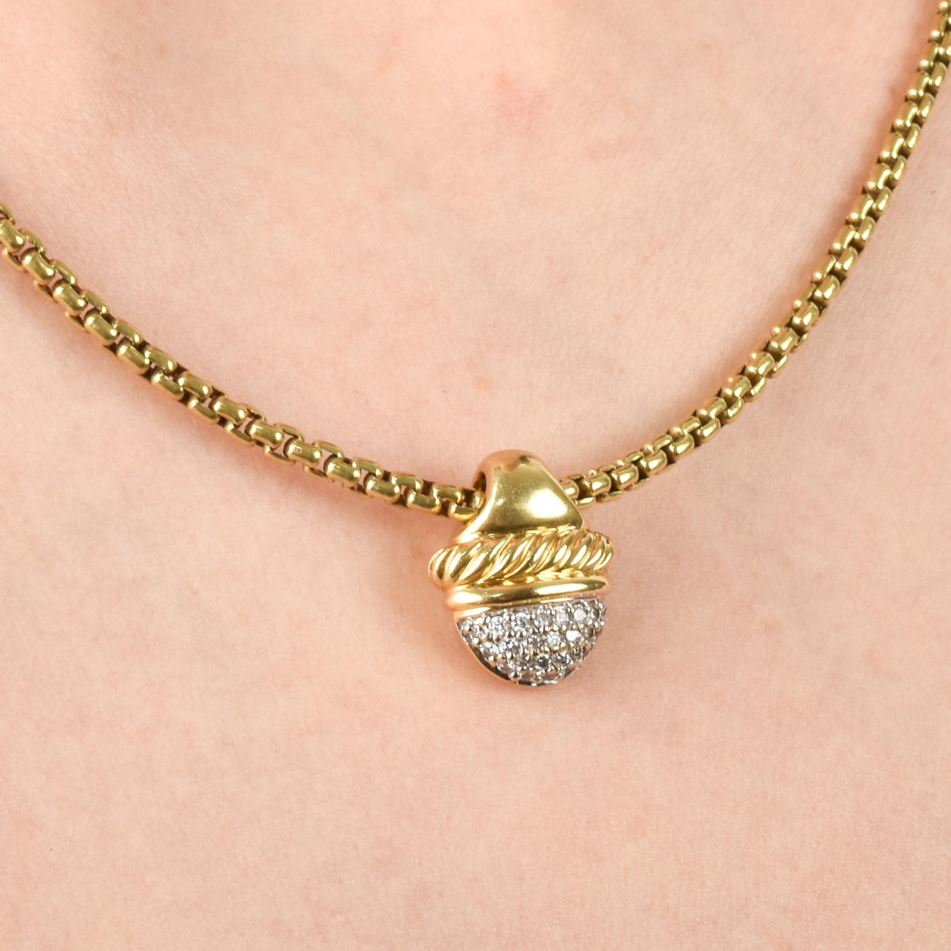 Vintage David Yurman Diamond Acorn Pendant and Chain in 18K Gold