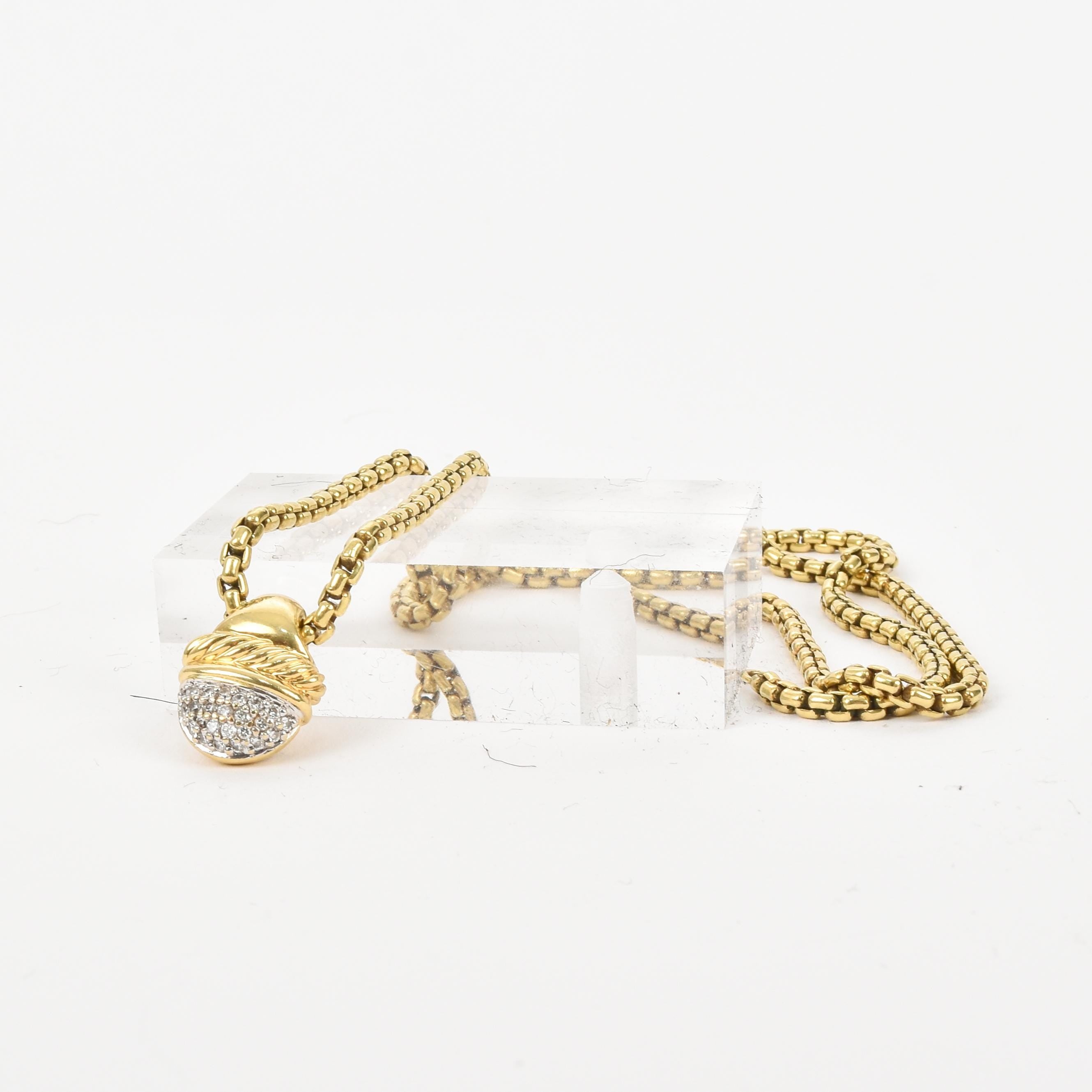 Vintage David Yurman Diamond Acorn Pendant and Chain in 18K Gold
