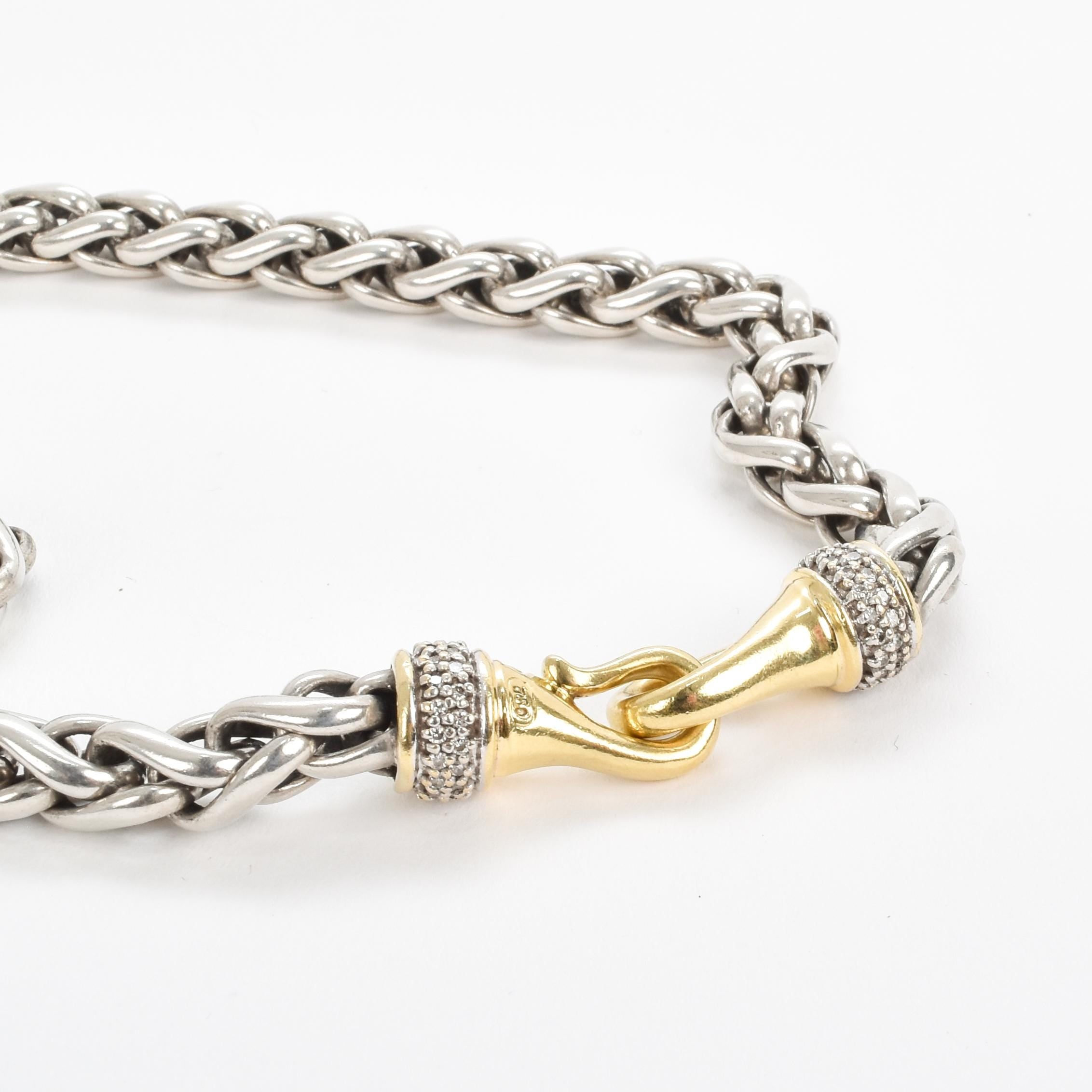Vintage David Yurman Sterling Silver 18K Yellow Gold Diamond Wheat Chain Necklace, Sterling Silver Chain with 18K Gold Lobster Clasp, 18 in