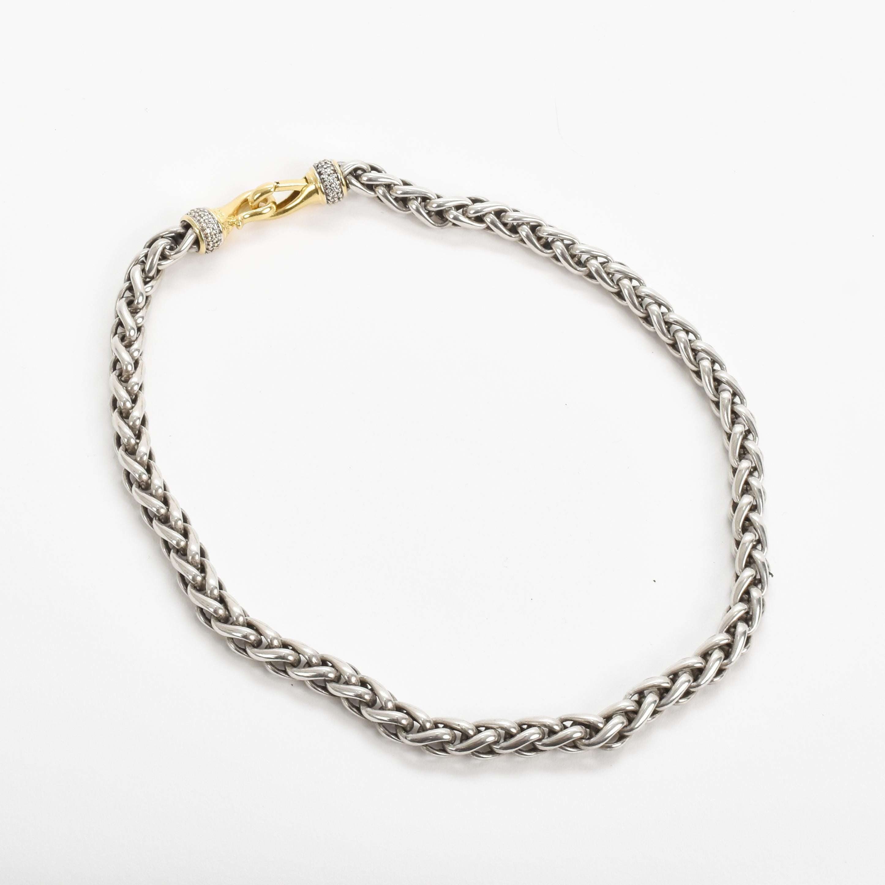 Vintage David Yurman Sterling Silver 18K Yellow Gold Diamond Wheat Chain Necklace, Sterling Silver Chain with 18K Gold Lobster Clasp, 18 in