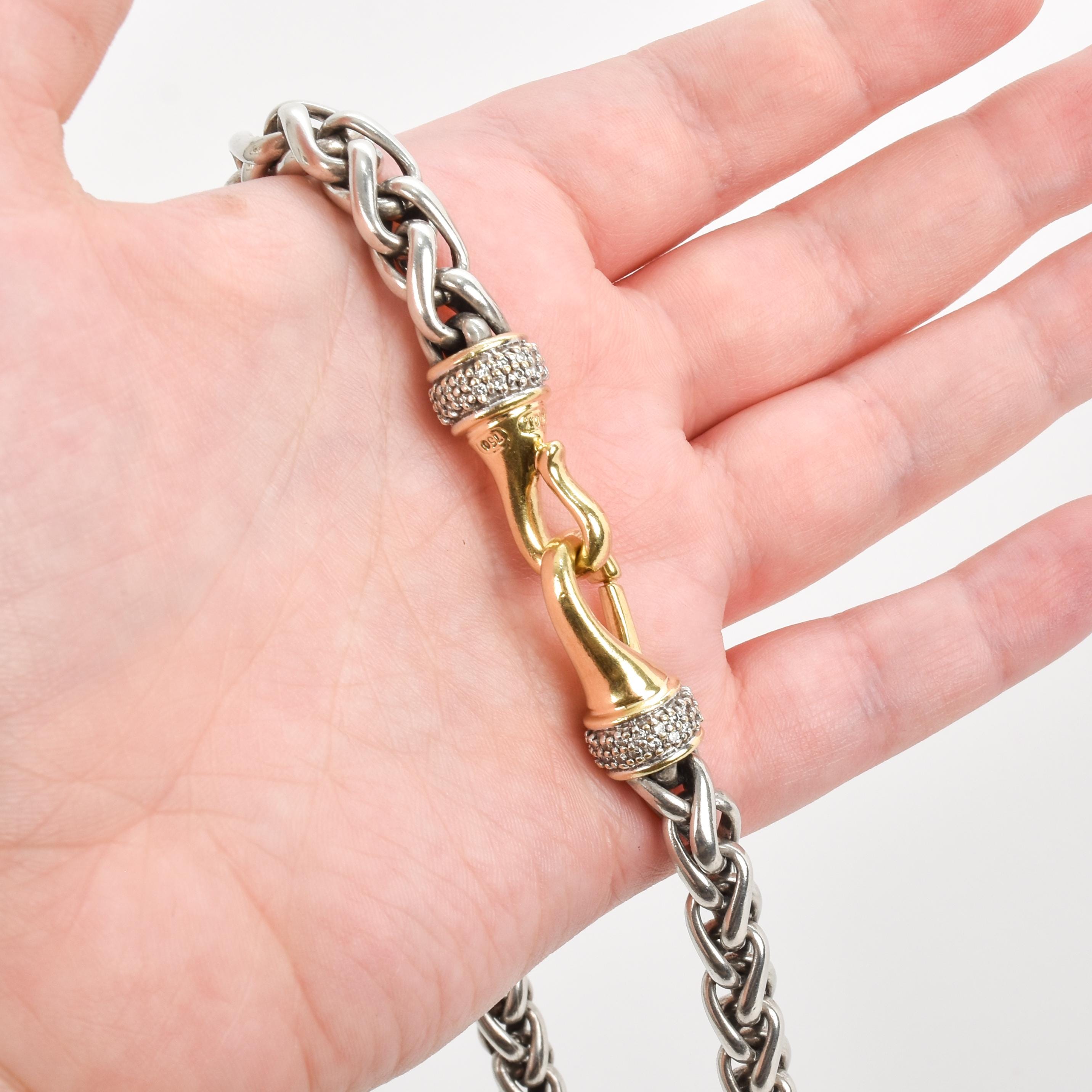 Vintage David Yurman Sterling Silver 18K Yellow Gold Diamond Wheat Chain Necklace, Sterling Silver Chain with 18K Gold Lobster Clasp, 18 in
