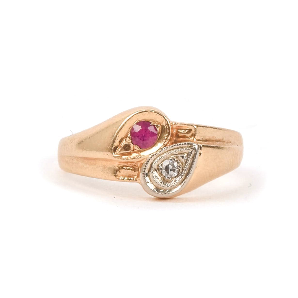 14K White and Yellow Gold Bypass Ring with Ruby and Diamond