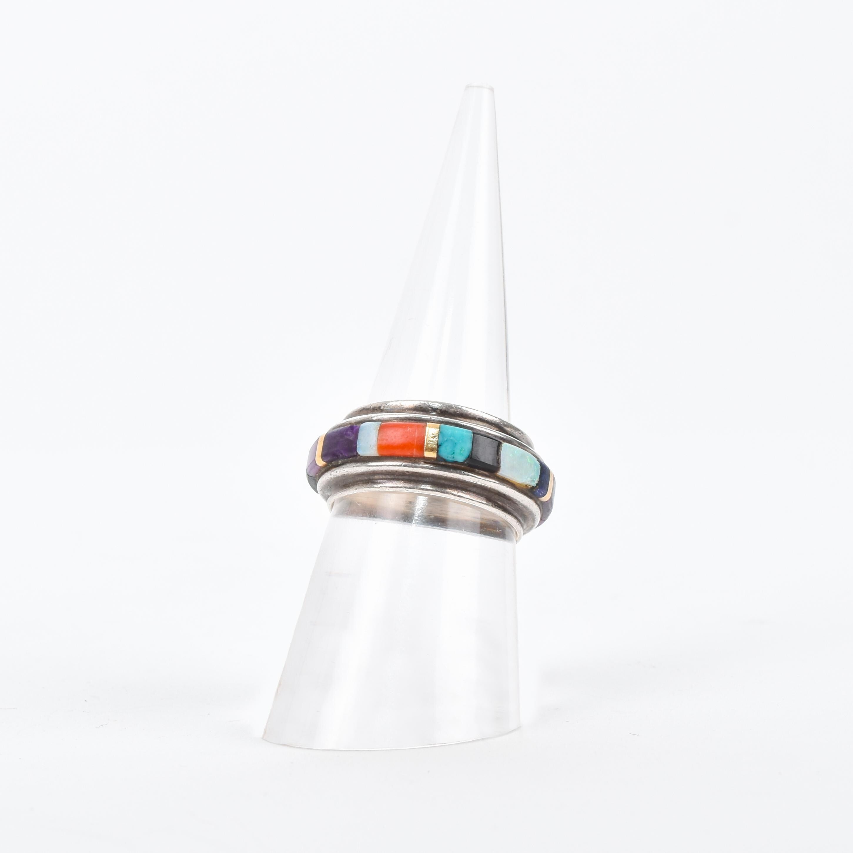 Sonwai by Verma Nequatewa Silver Gem Inlay with 18K Gold Ring