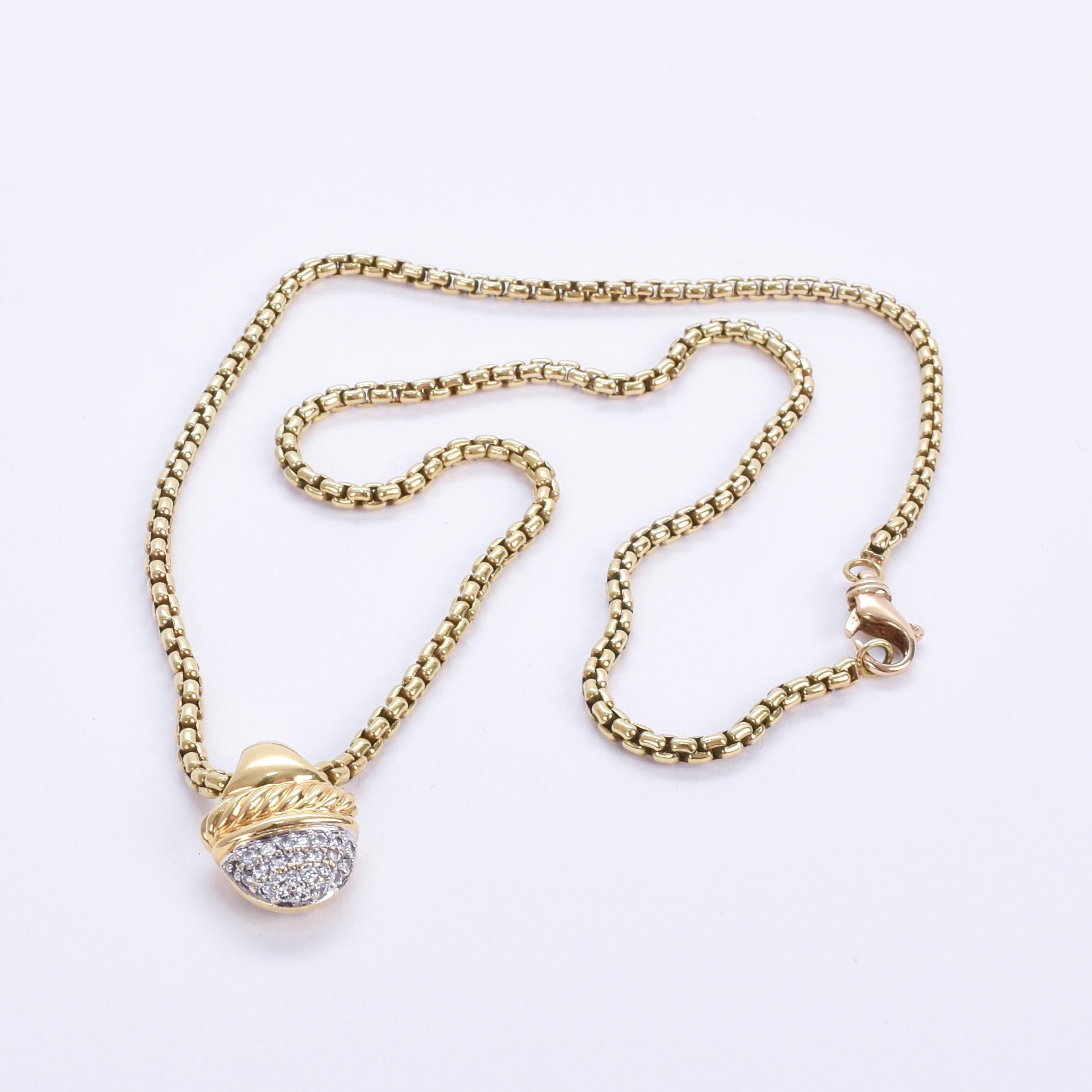 Vintage David Yurman Diamond Acorn Pendant and Chain in 18K Gold