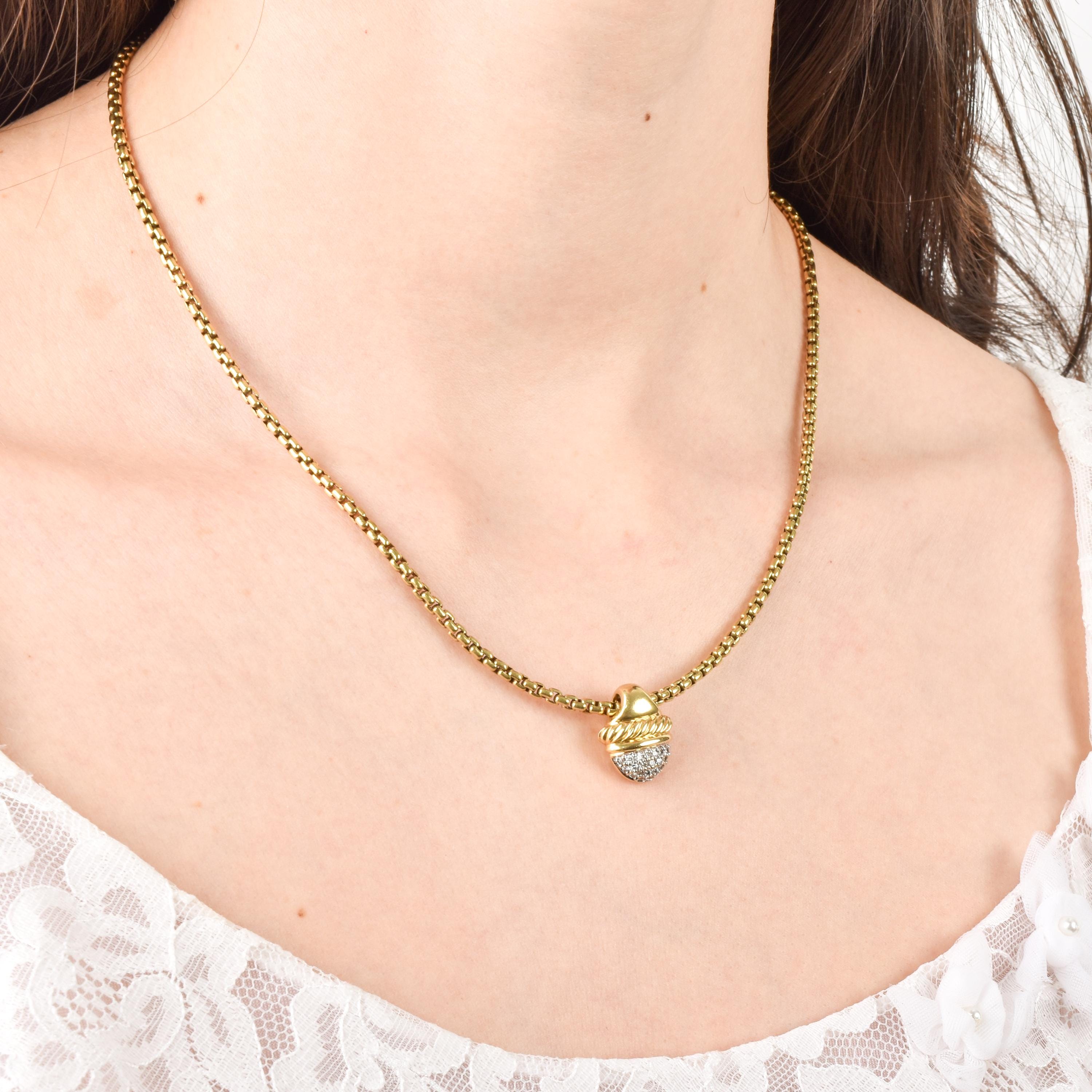 Vintage David Yurman Diamond Acorn Pendant and Chain in 18K Gold