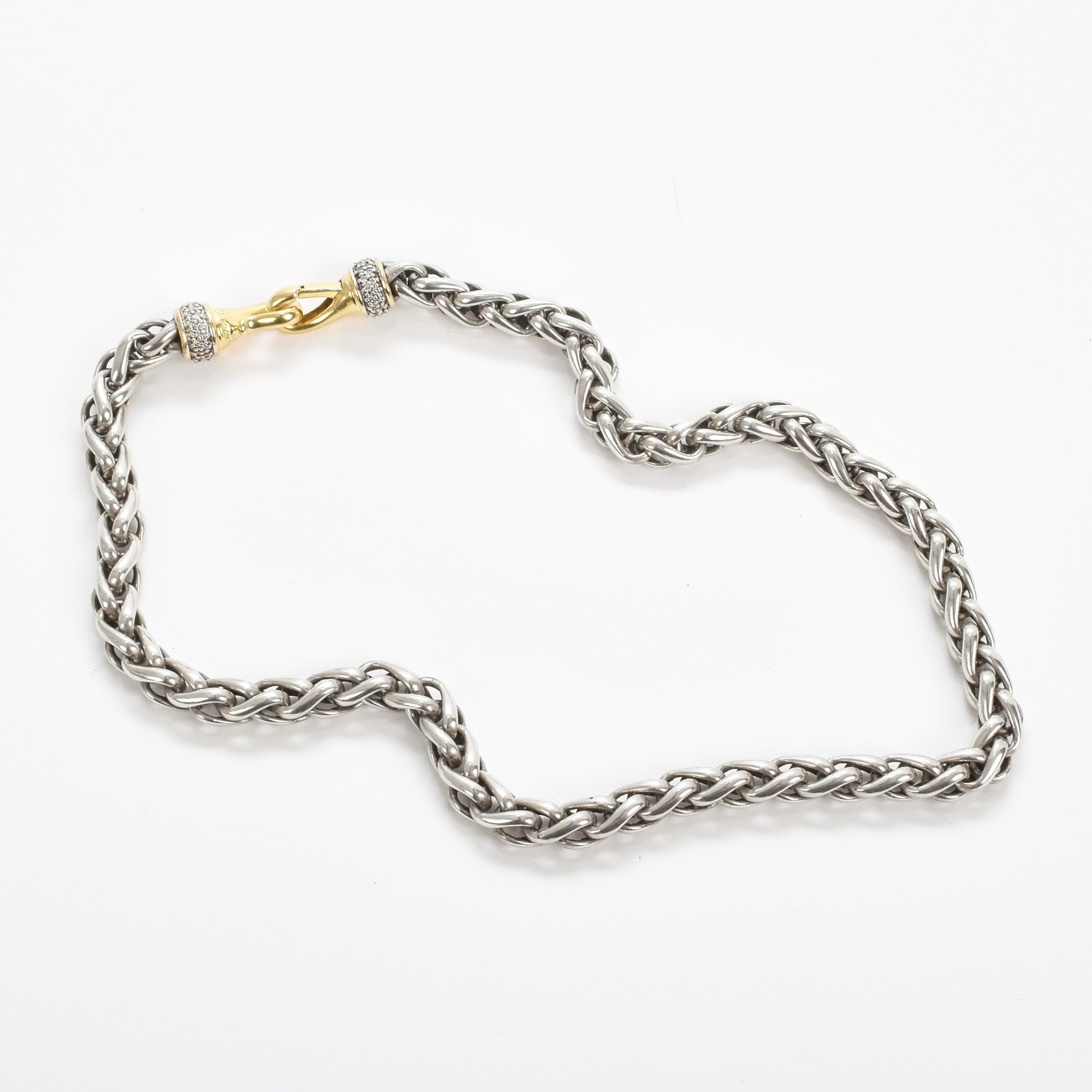 Vintage David Yurman Sterling Silver 18K Yellow Gold Diamond Wheat Chain Necklace, Sterling Silver Chain with 18K Gold Lobster Clasp, 18 in