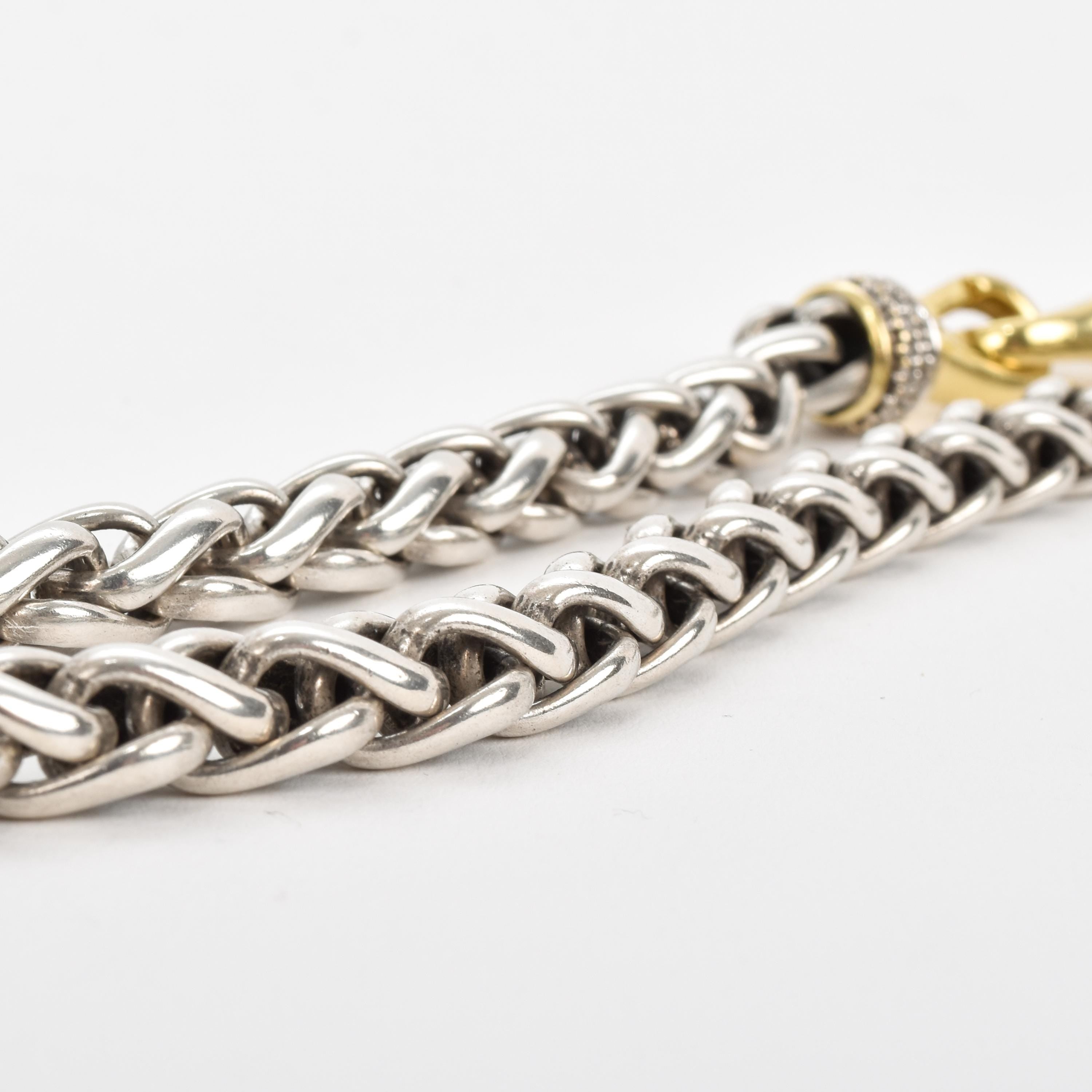 Vintage David Yurman Sterling Silver 18K Yellow Gold Diamond Wheat Chain Necklace, Sterling Silver Chain with 18K Gold Lobster Clasp, 18 in