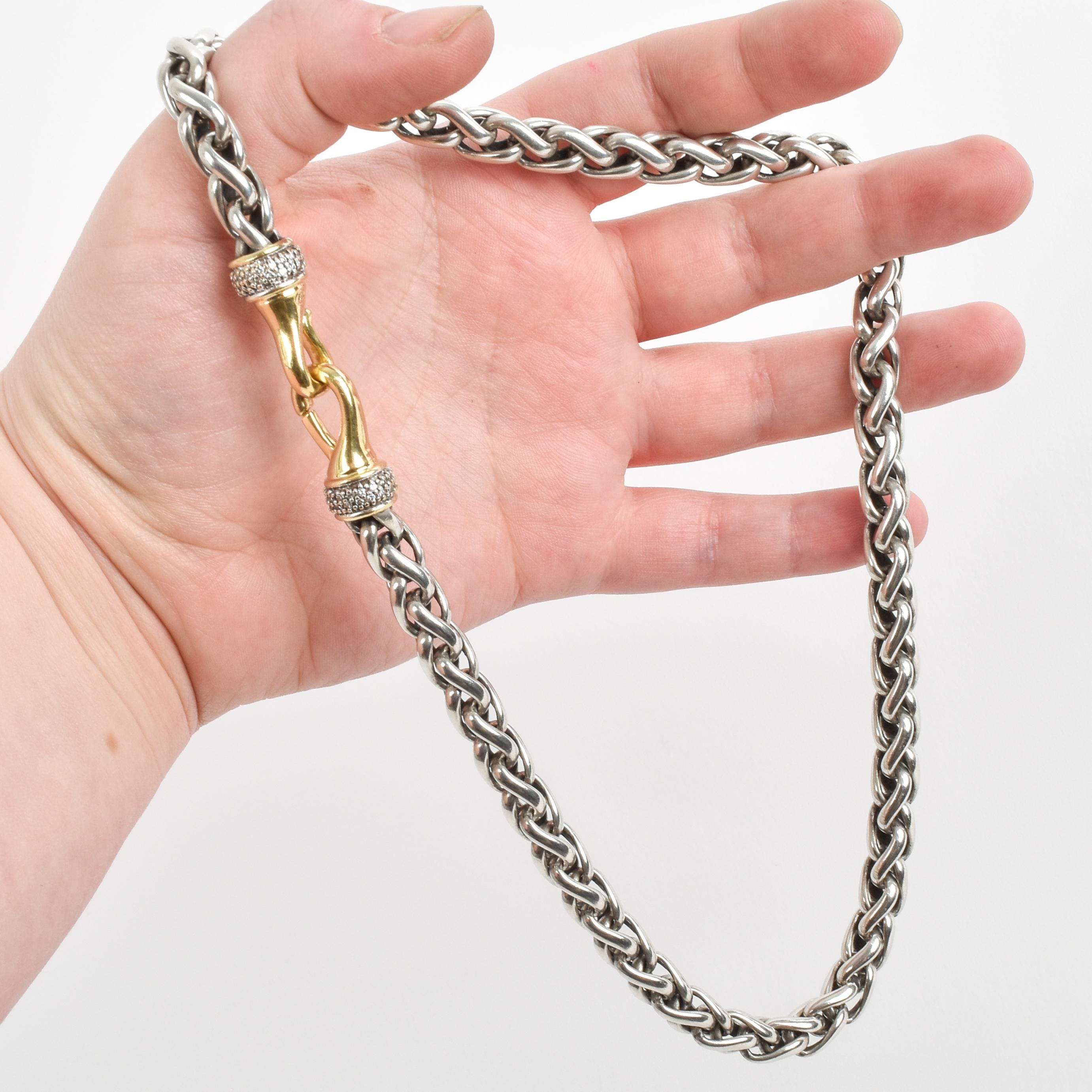 Vintage David Yurman Sterling Silver 18K Yellow Gold Diamond Wheat Chain Necklace, Sterling Silver Chain with 18K Gold Lobster Clasp, 18 in