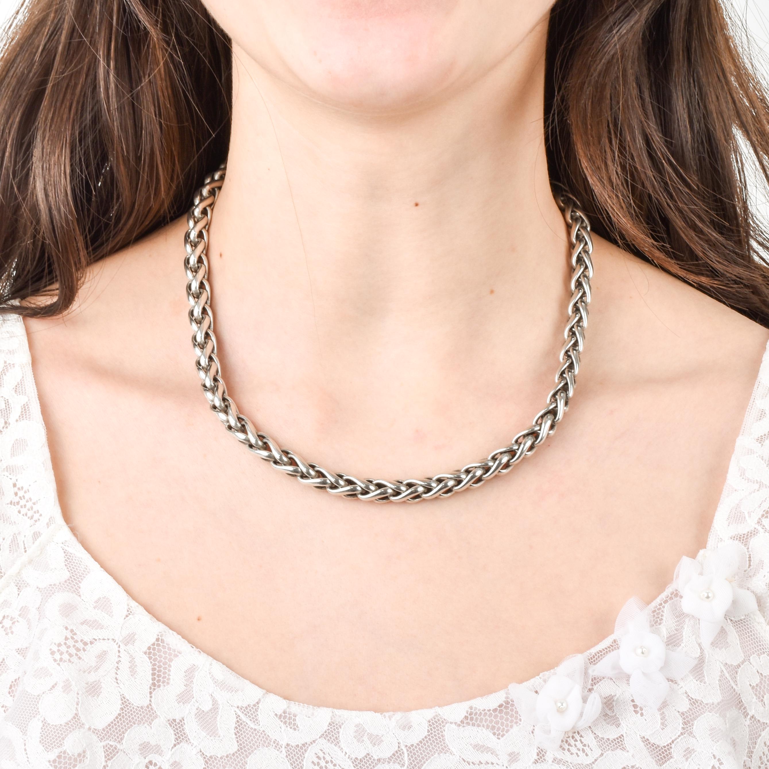 Vintage David Yurman Sterling Silver 18K Yellow Gold Diamond Wheat Chain Necklace, Sterling Silver Chain with 18K Gold Lobster Clasp, 18 in