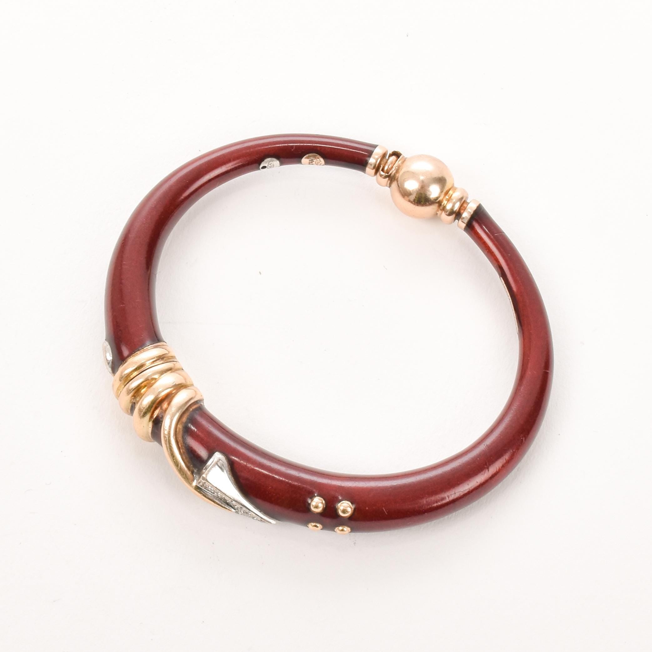 La Nouvelle Bague Bangle with  Red Enamel, 18k Gold, Sterling Silver, and Diamonds