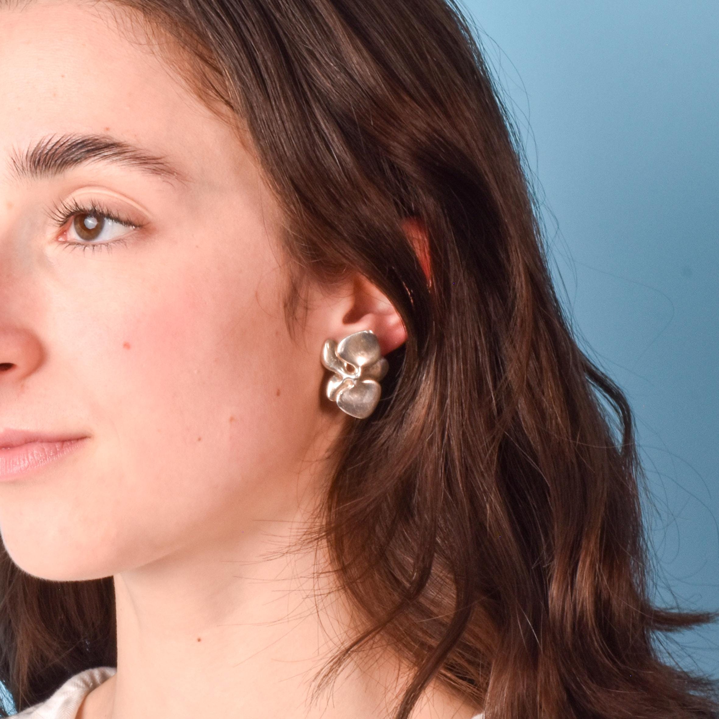 1984 Angela Cummings Sculptural Silver Orchid Stud Earrings