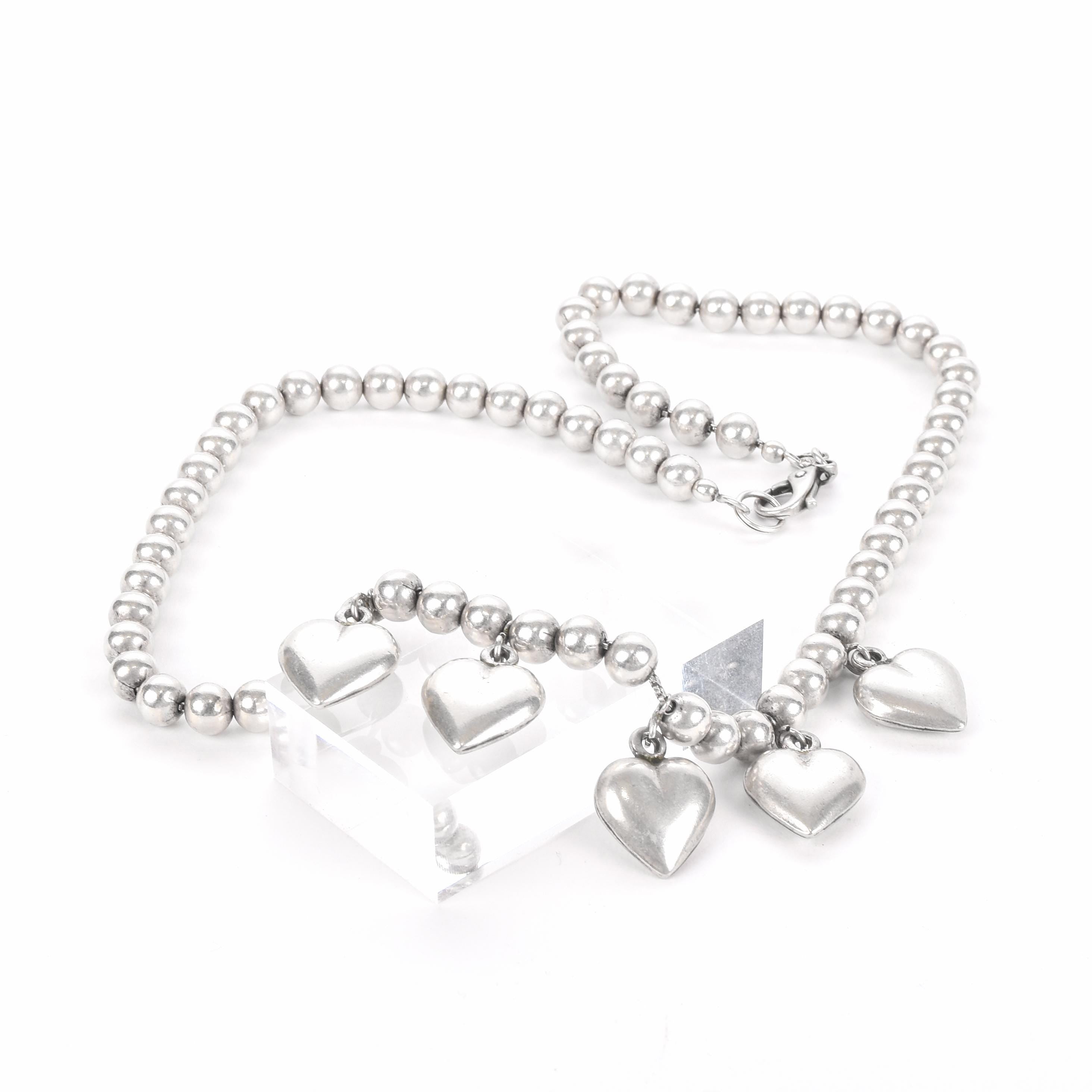 Sterling Silver Beaded Necklace with Heart Pendants