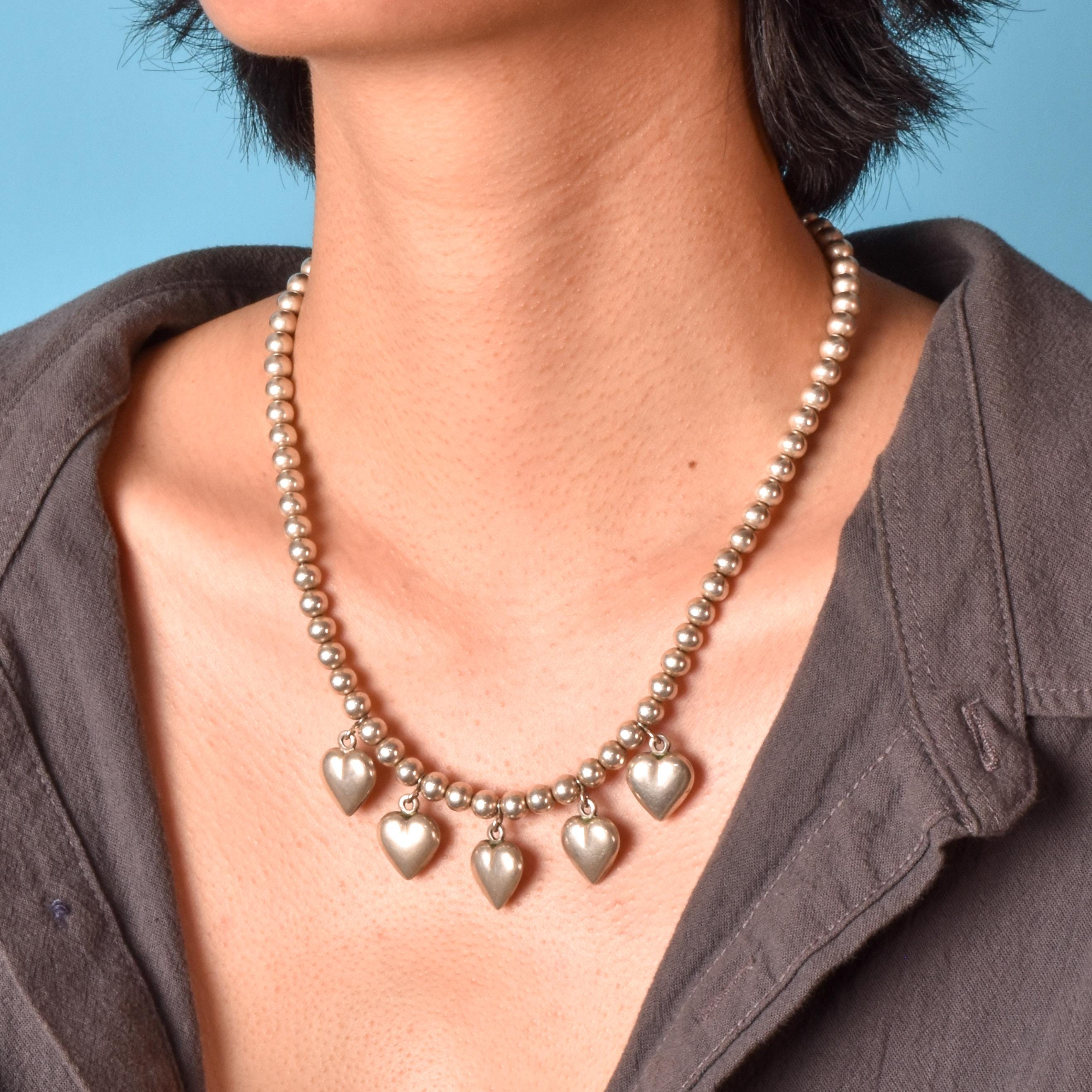 Sterling Silver Beaded Necklace with Heart Pendants