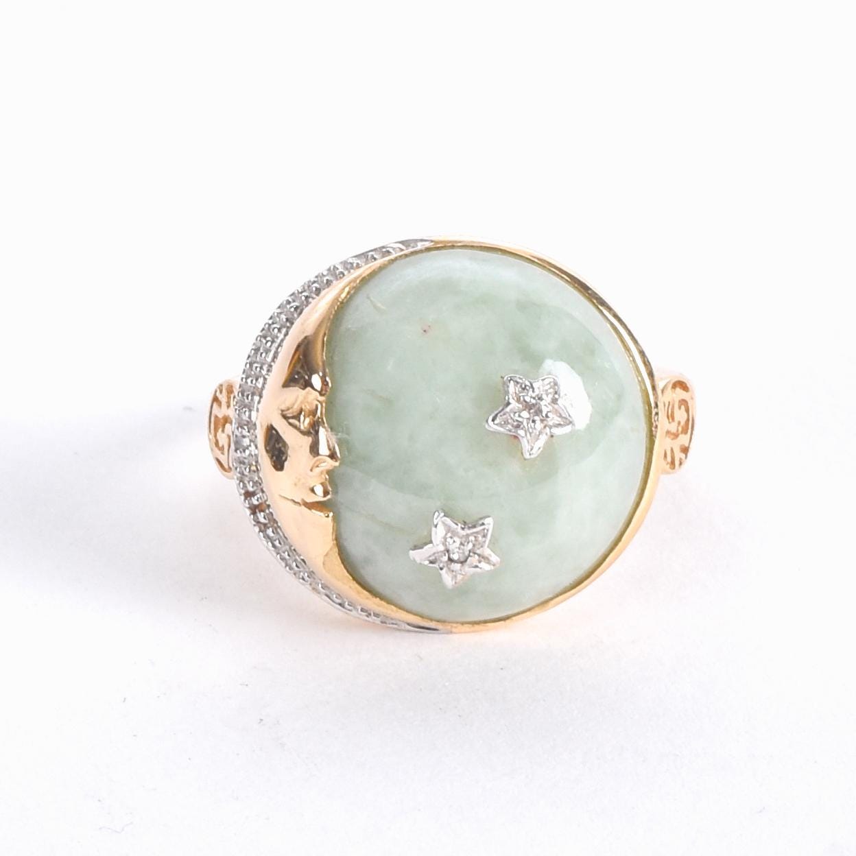 14K Gold Chinese Jade Moon and Star Ring