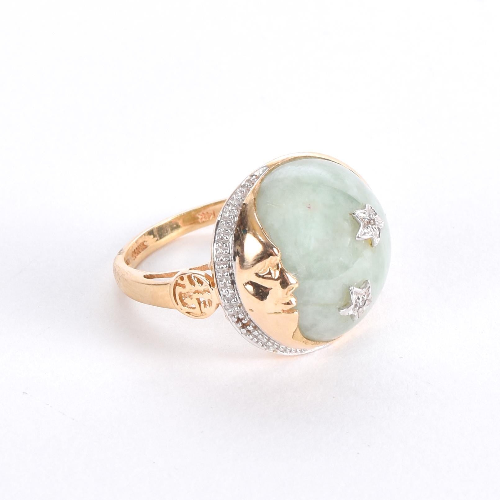 14K Gold Chinese Jade Moon and Star Ring