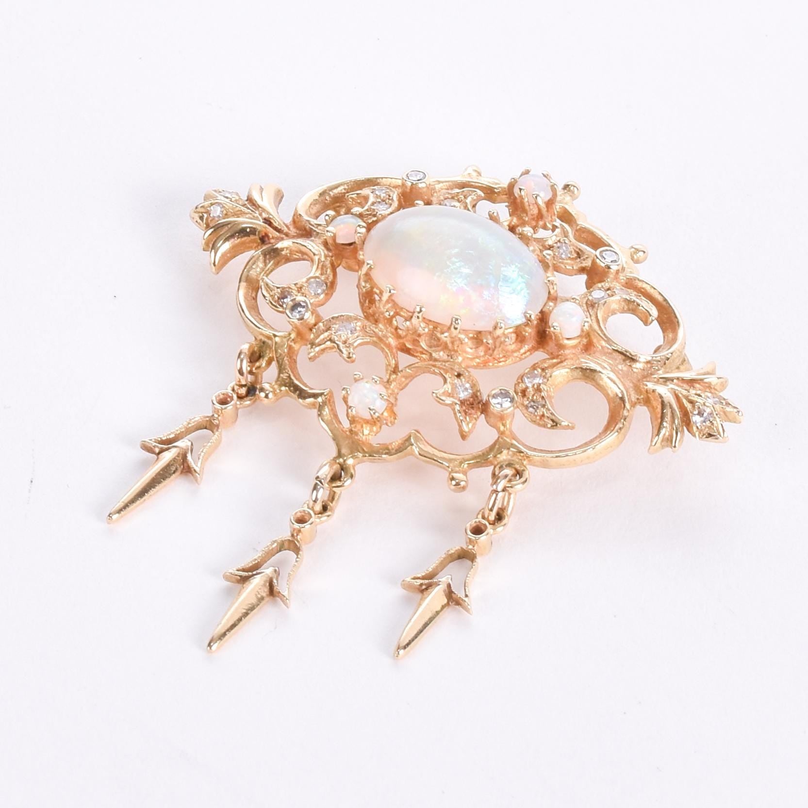 10K Gold Victorian Style Dangle Pendant with Opals and Diamonds
