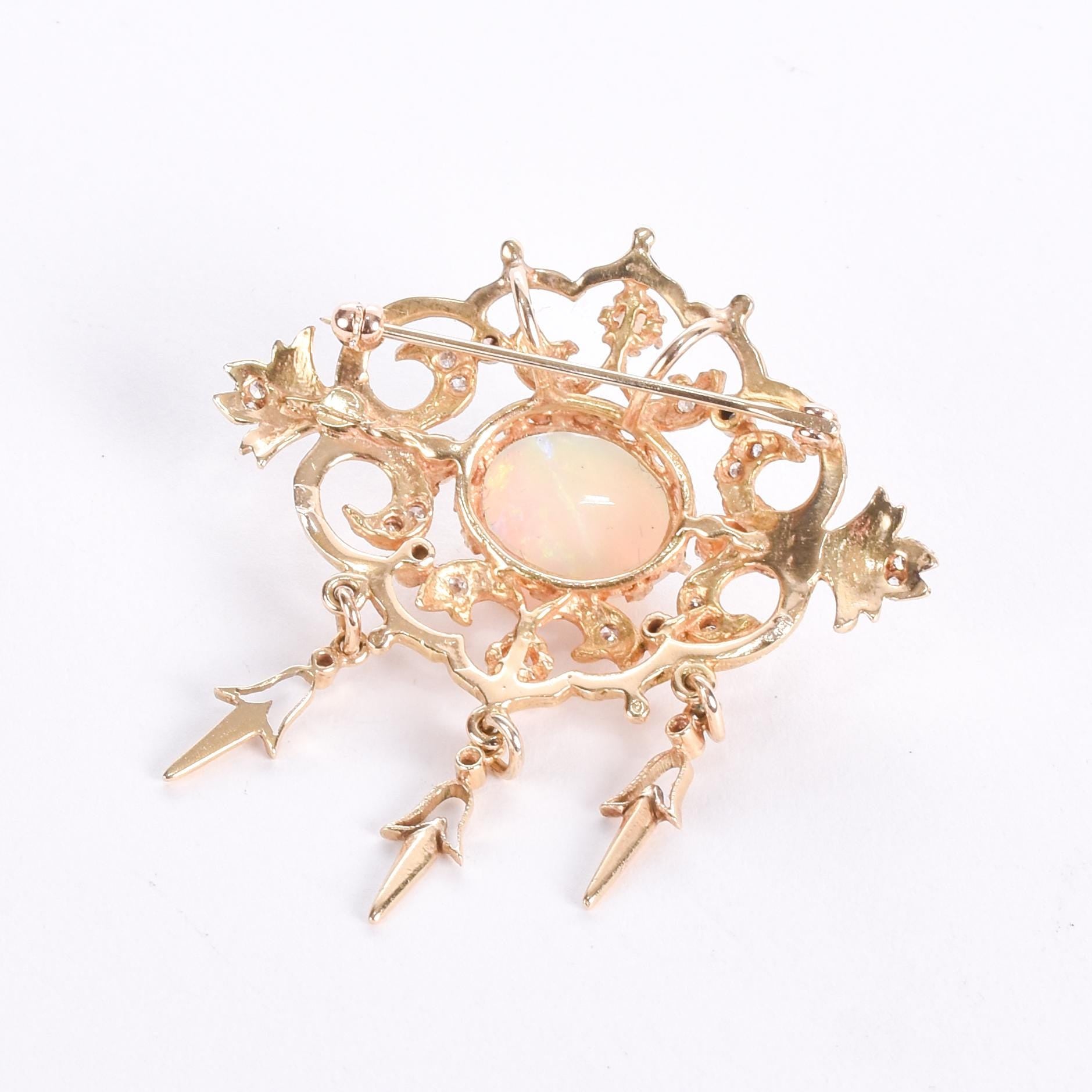 10K Gold Victorian Style Dangle Pendant with Opals and Diamonds
