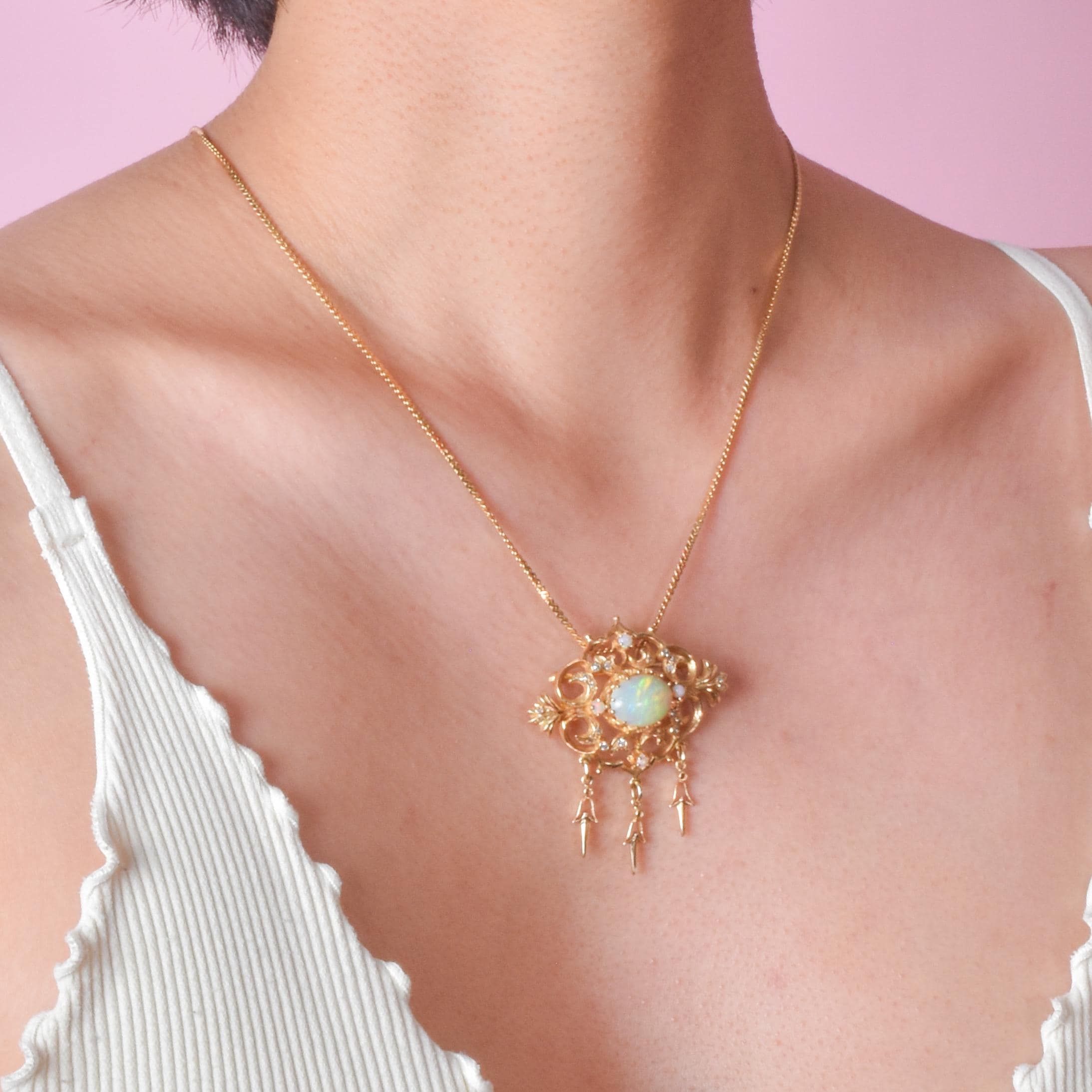 10K Gold Victorian Style Dangle Pendant with Opals and Diamonds
