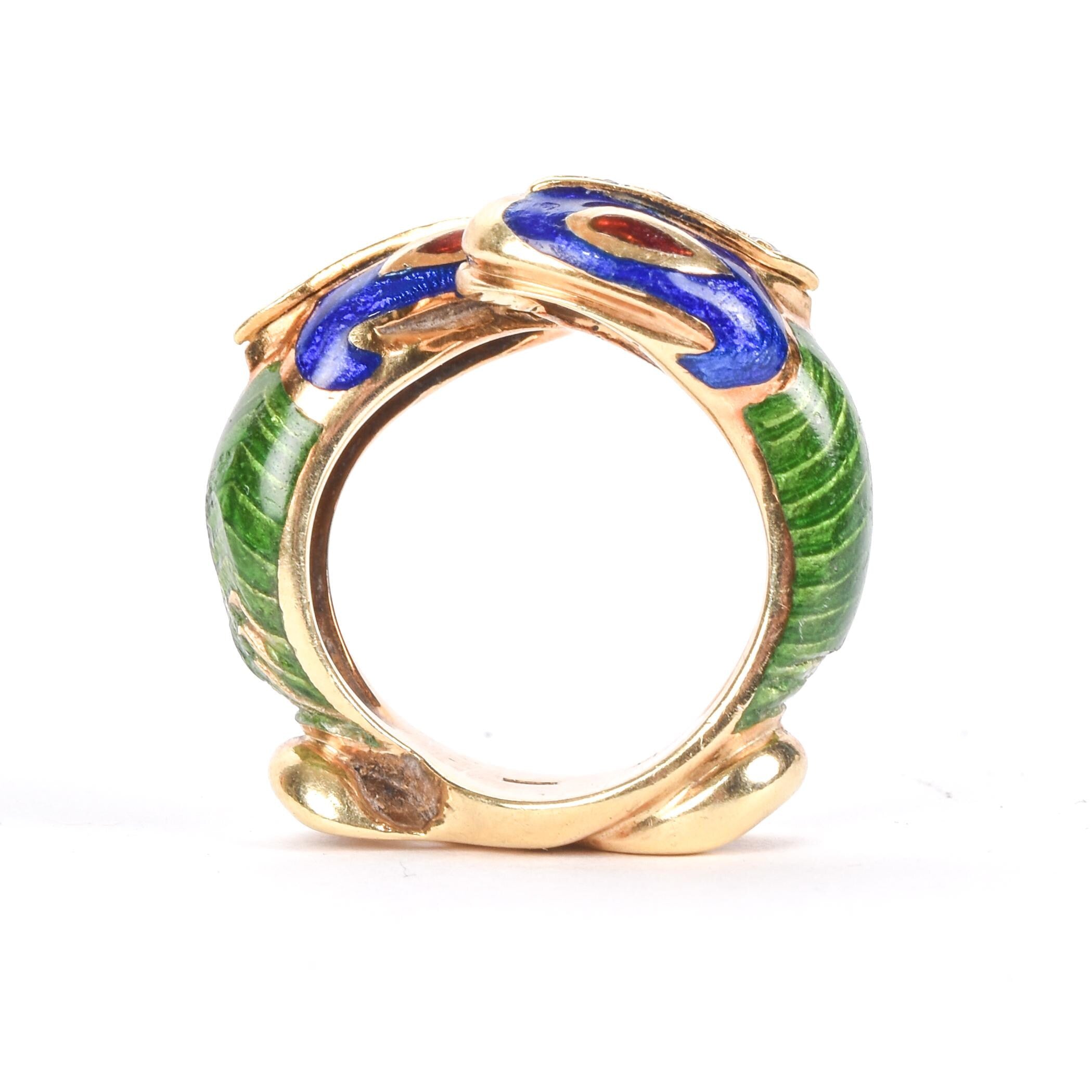 14K Gold with Enamel and Diamond Bypass Snake Ring