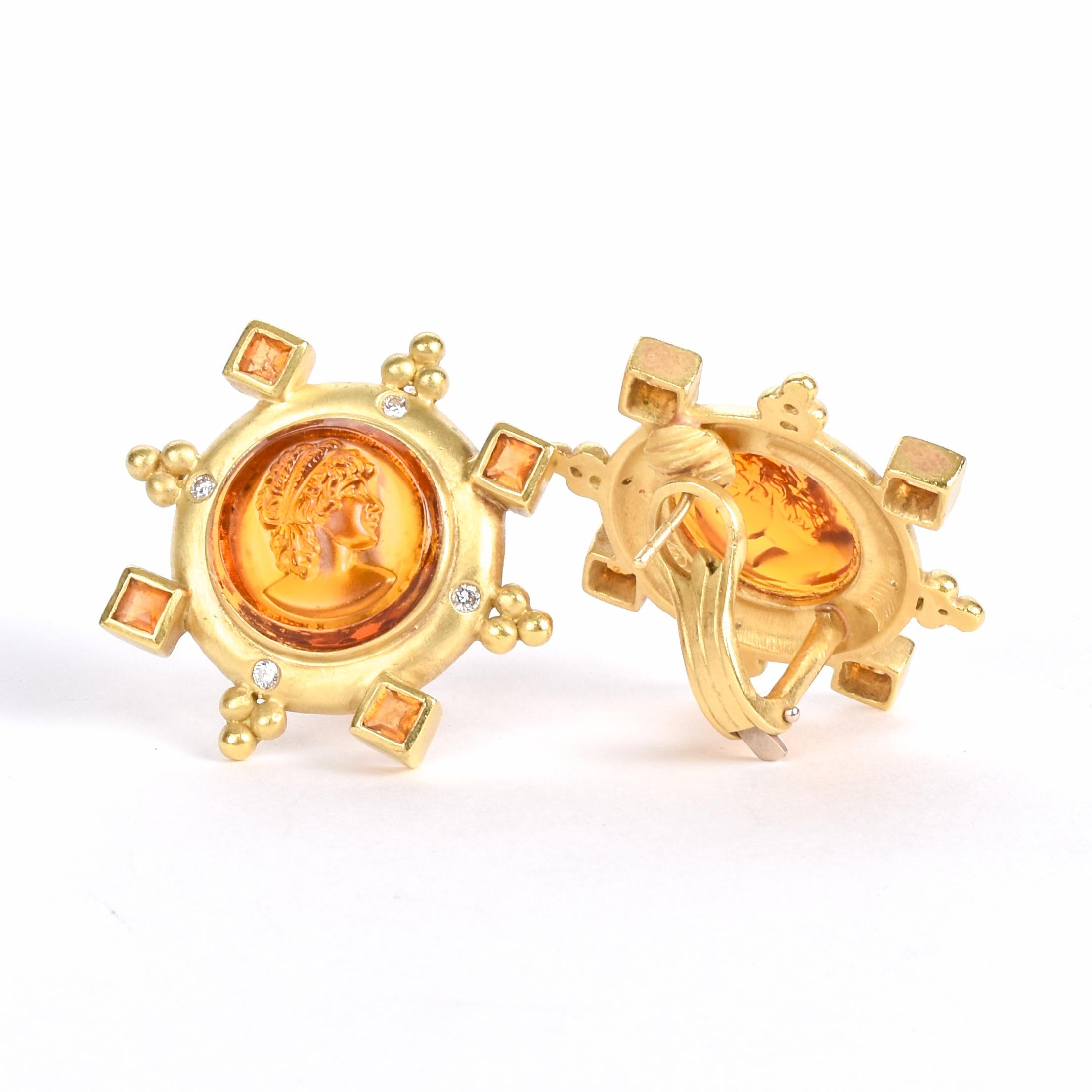 18K Gold Venetian Glass Intaglio Earrings with Citrine and Diamonds