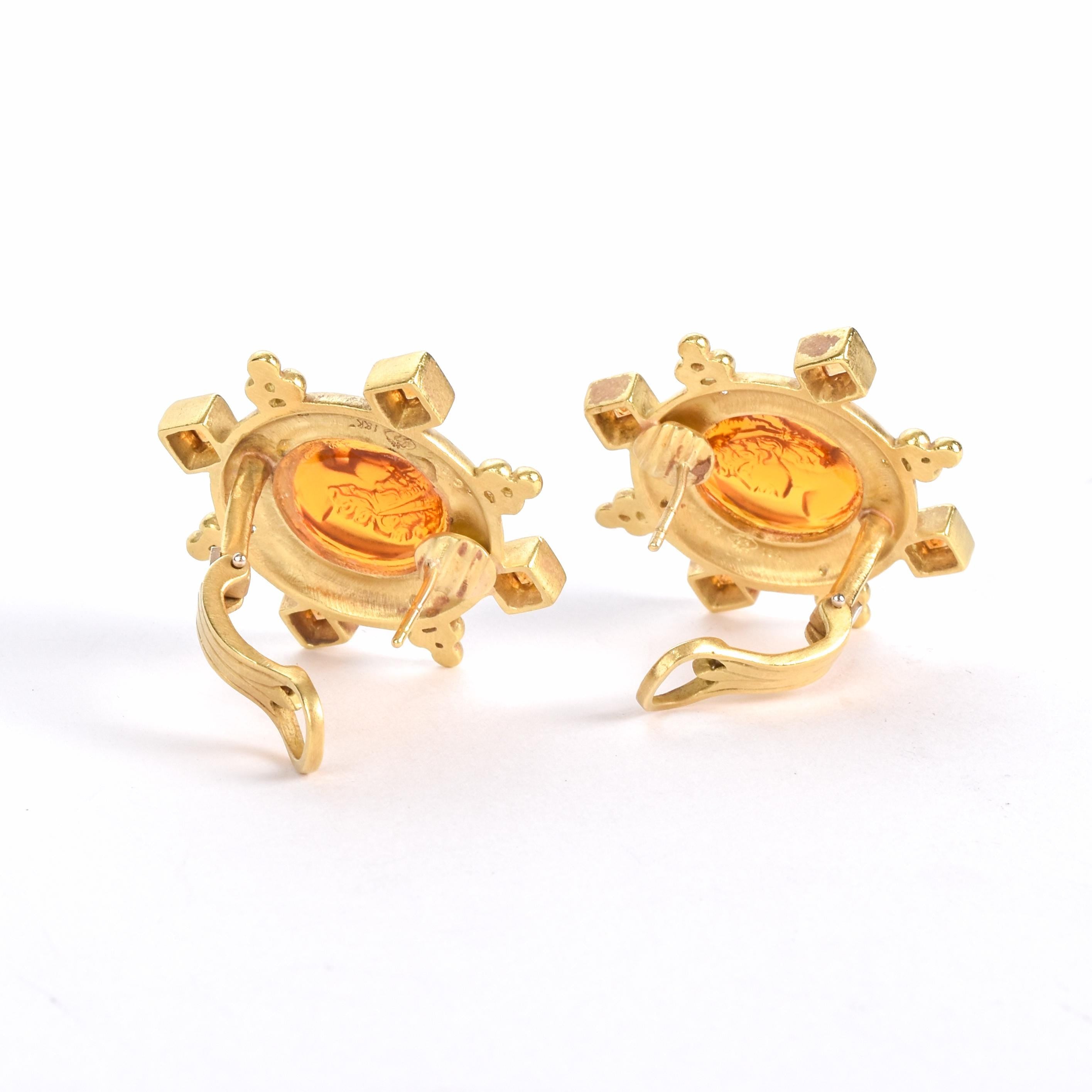 18K Gold Venetian Glass Intaglio Earrings with Citrine and Diamonds