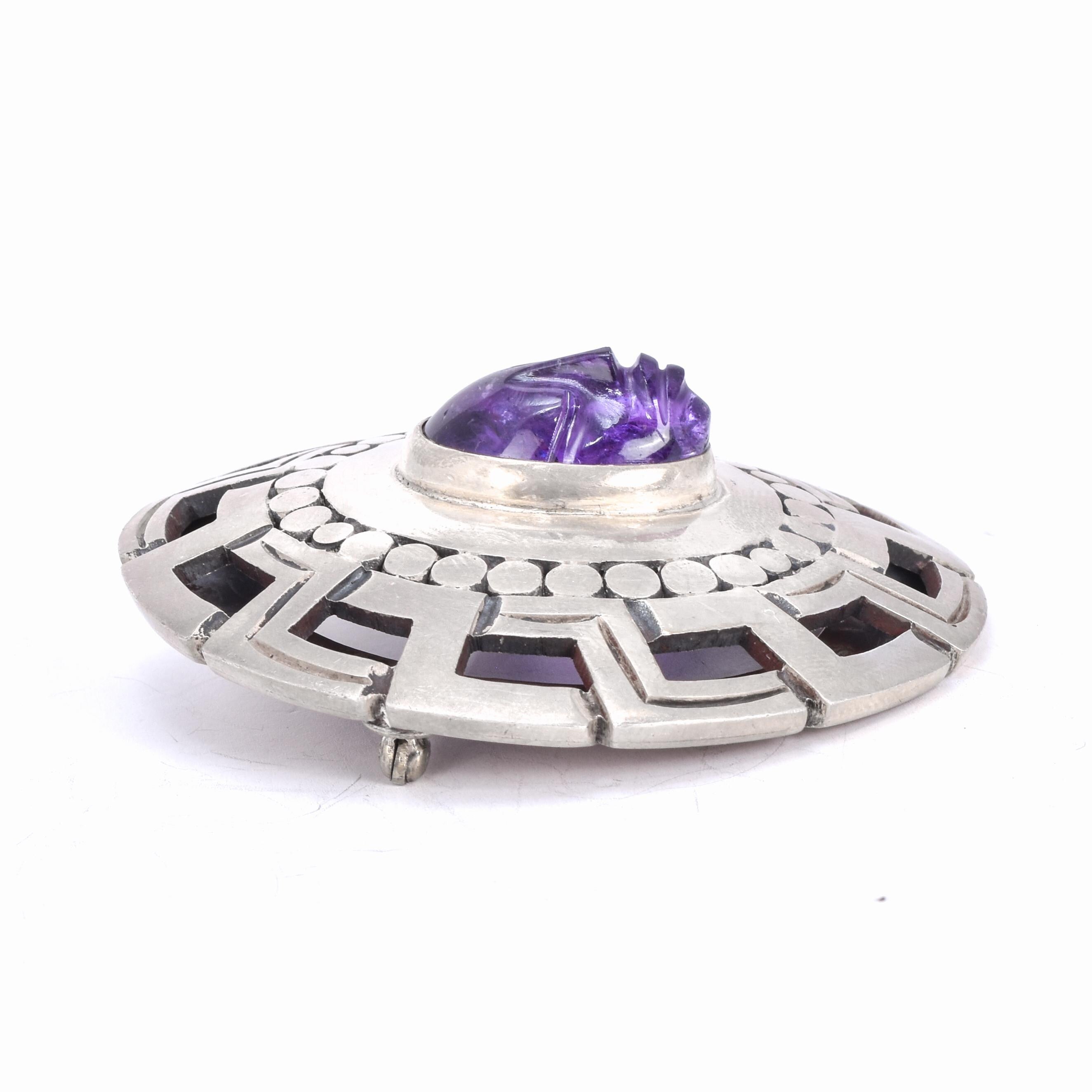 Talleres Se Los Ballesteros Taxco Silver Brooch with Amethyst Face